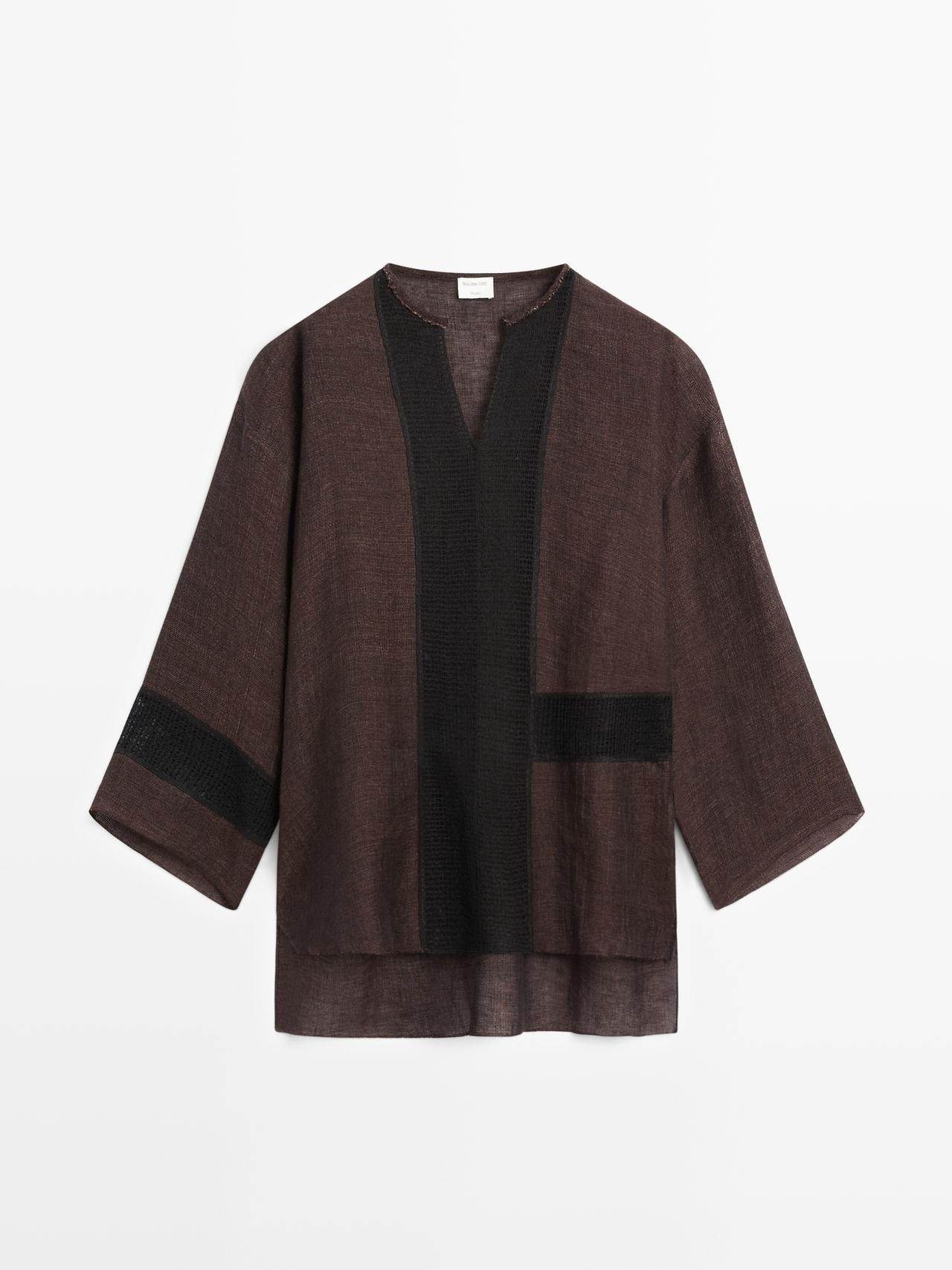 Massimo Dutti - Dames - Wijde Soepelvallende Blouse Van Linnenmix Met Kanten Afwerking - Vigoré Bruin - S