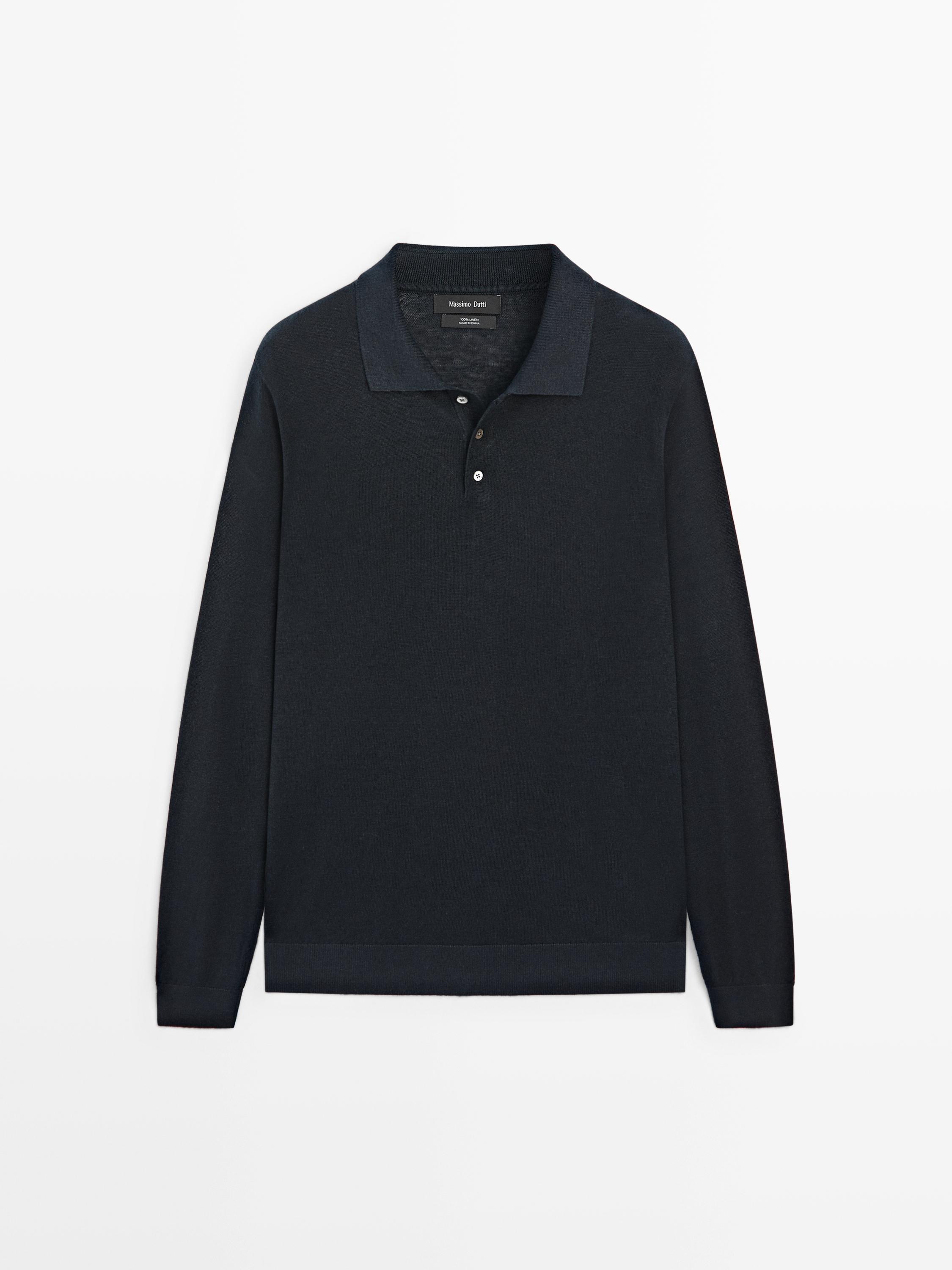 100% linen knit polo collar sweater — NAVY BLUE