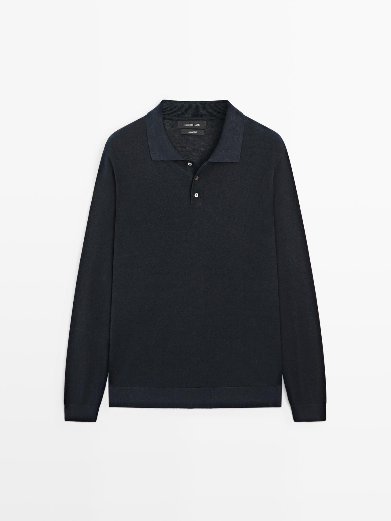 Massimo Dutti - Herre - Striktrøje I 100 % Hør Med Polokrave - Marineblå - Xxl