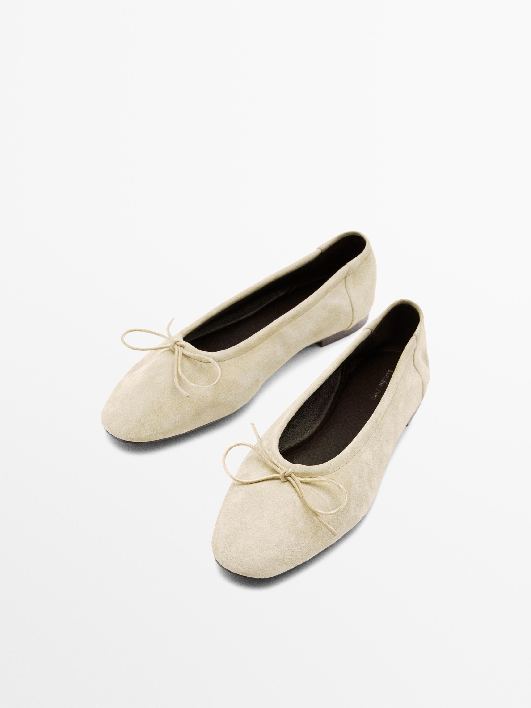 Gathered ballet flats with bow — BEIGE