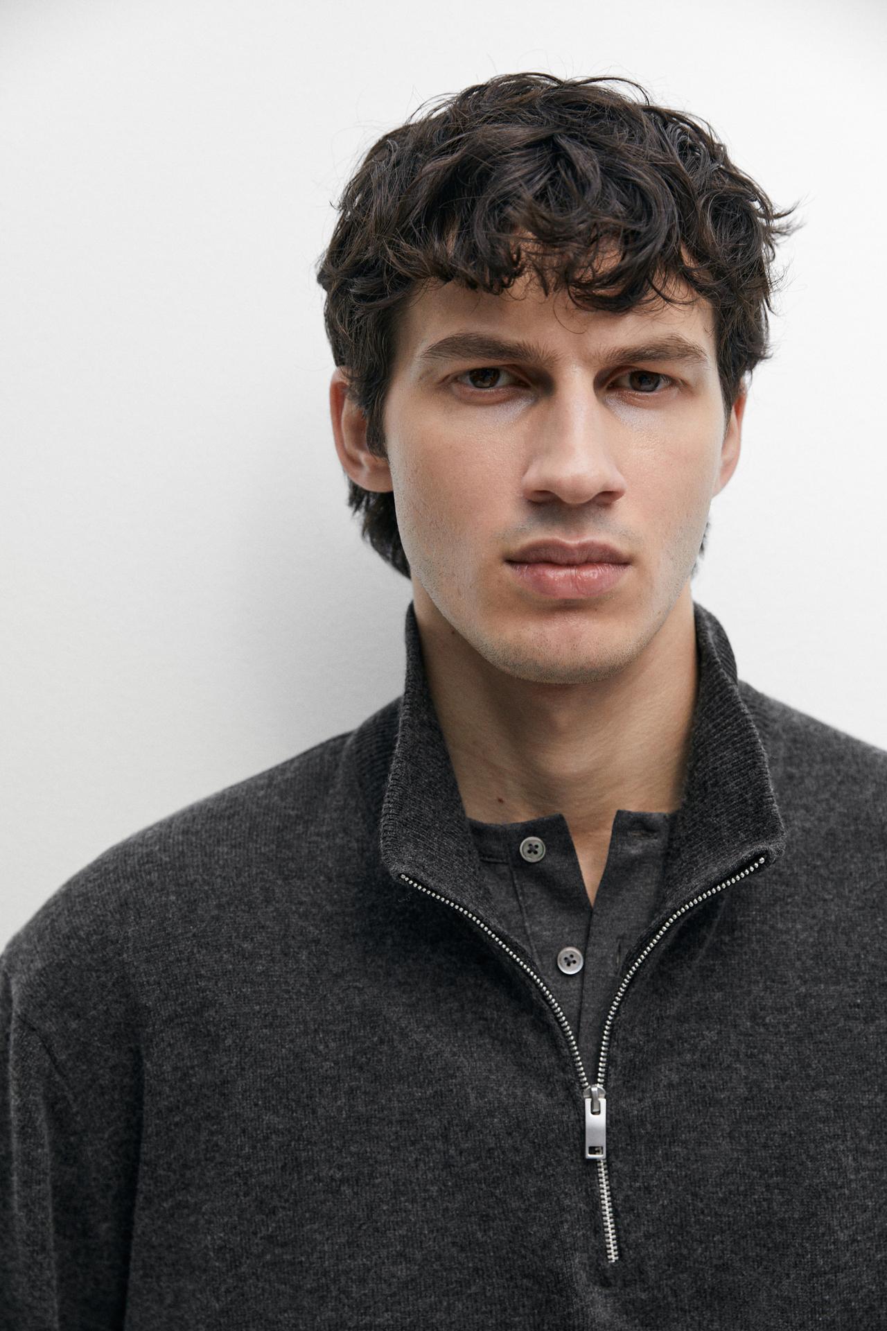 Mock neck knit sweater with zip — CHARCOAL