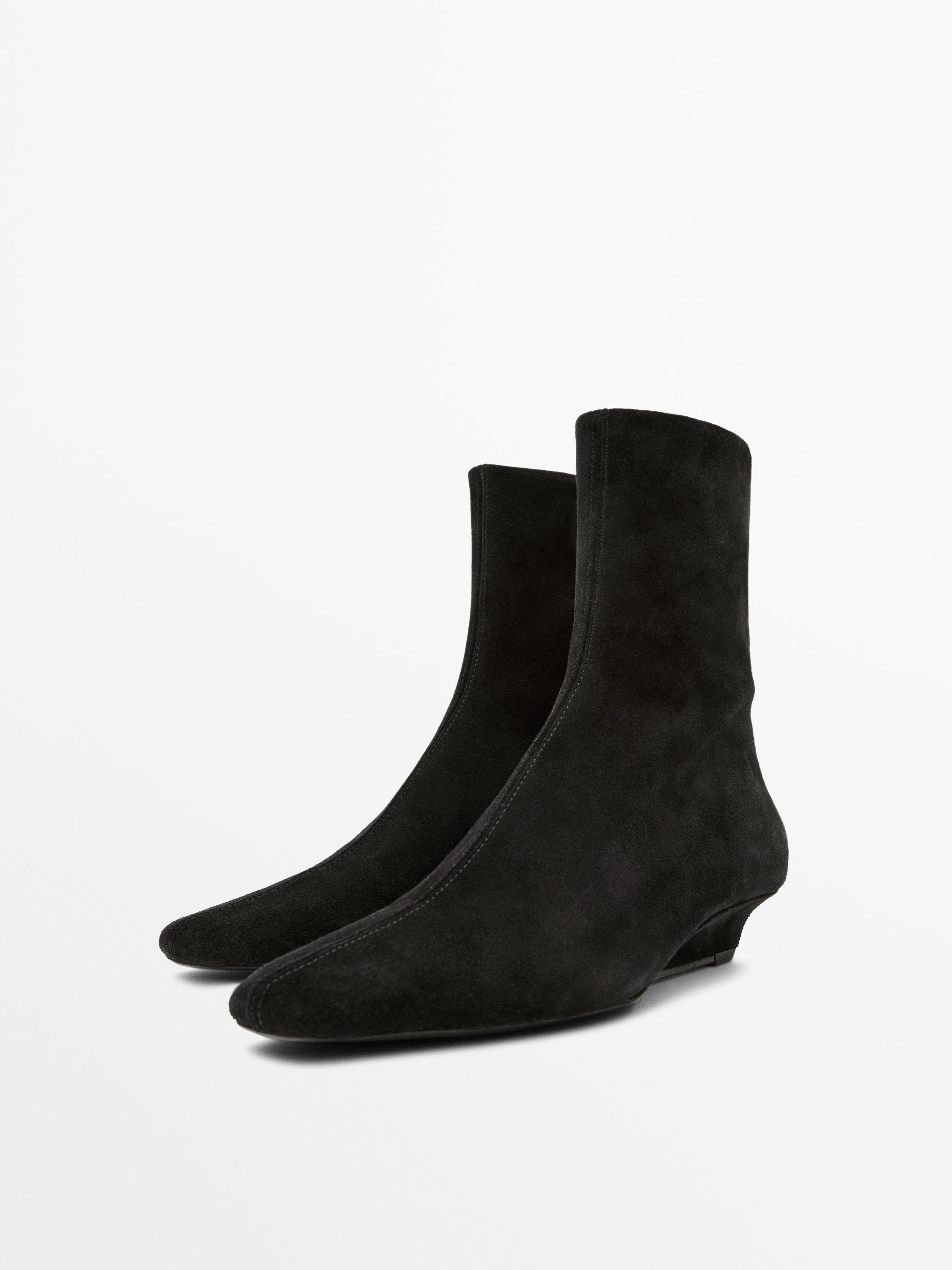 Split leather wedge ankle boots — BLACK