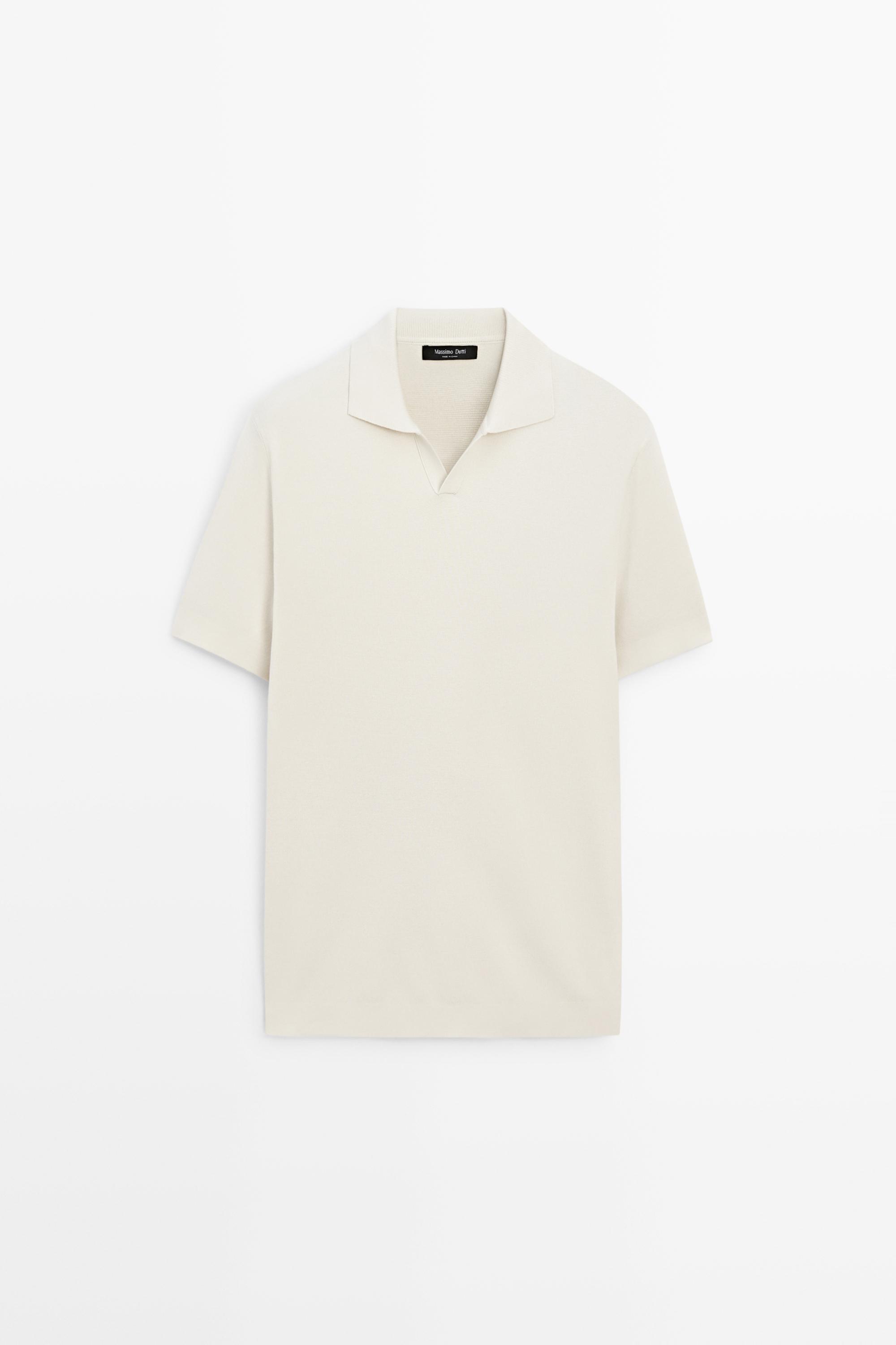 Flowing cotton blend knit polo shirt — CREAM