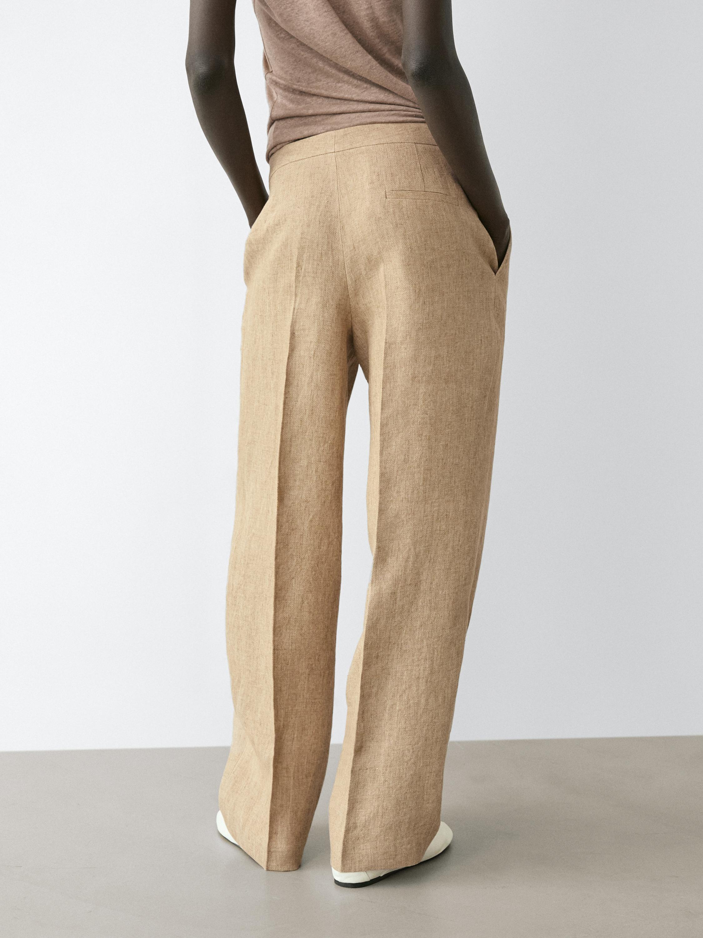 Flowing linen trousers with darts — BEIGE