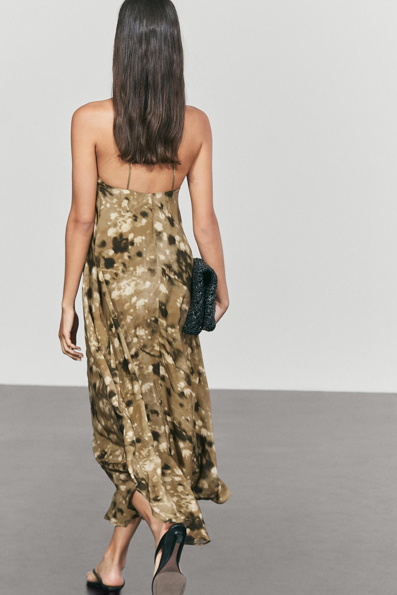 Floral print flowing midi dress — MEDIUM CAMEL