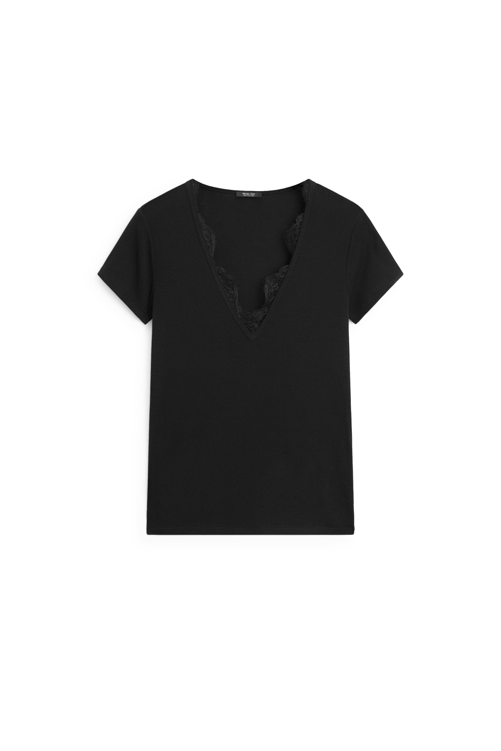 V-neck T-shirt with lace detail · Black · T-shirt | Massimo Dutti