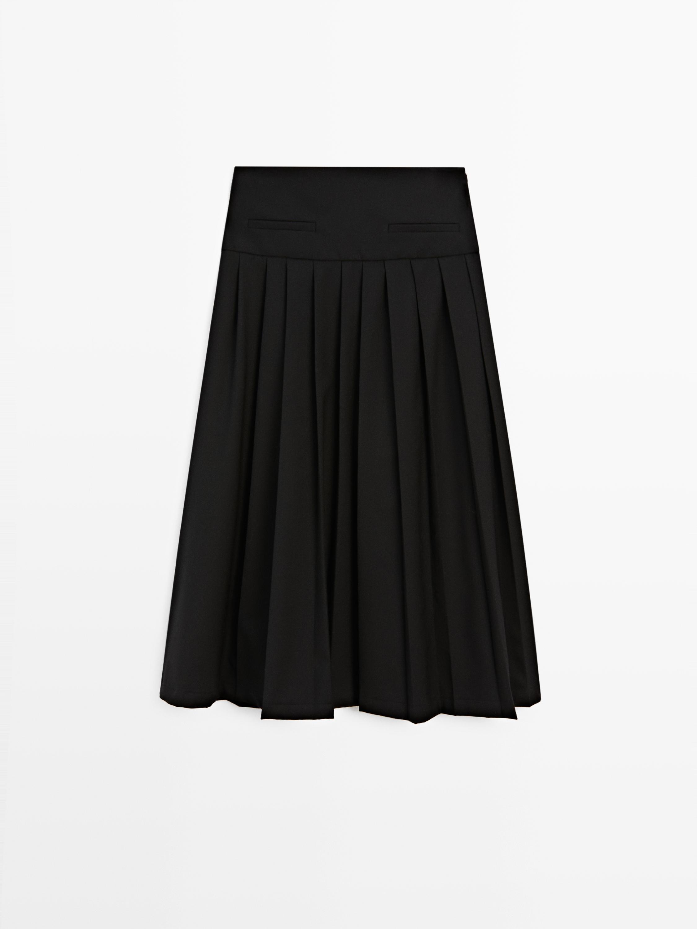 Wool blend box pleat midi skirt