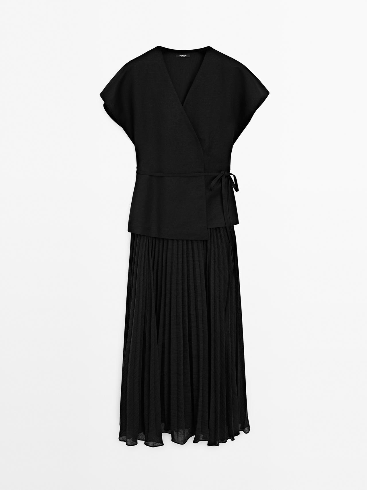 Massimo Dutti - Dame - Lang, Plisseret Kjole Med Vestdetalje - Sort - M