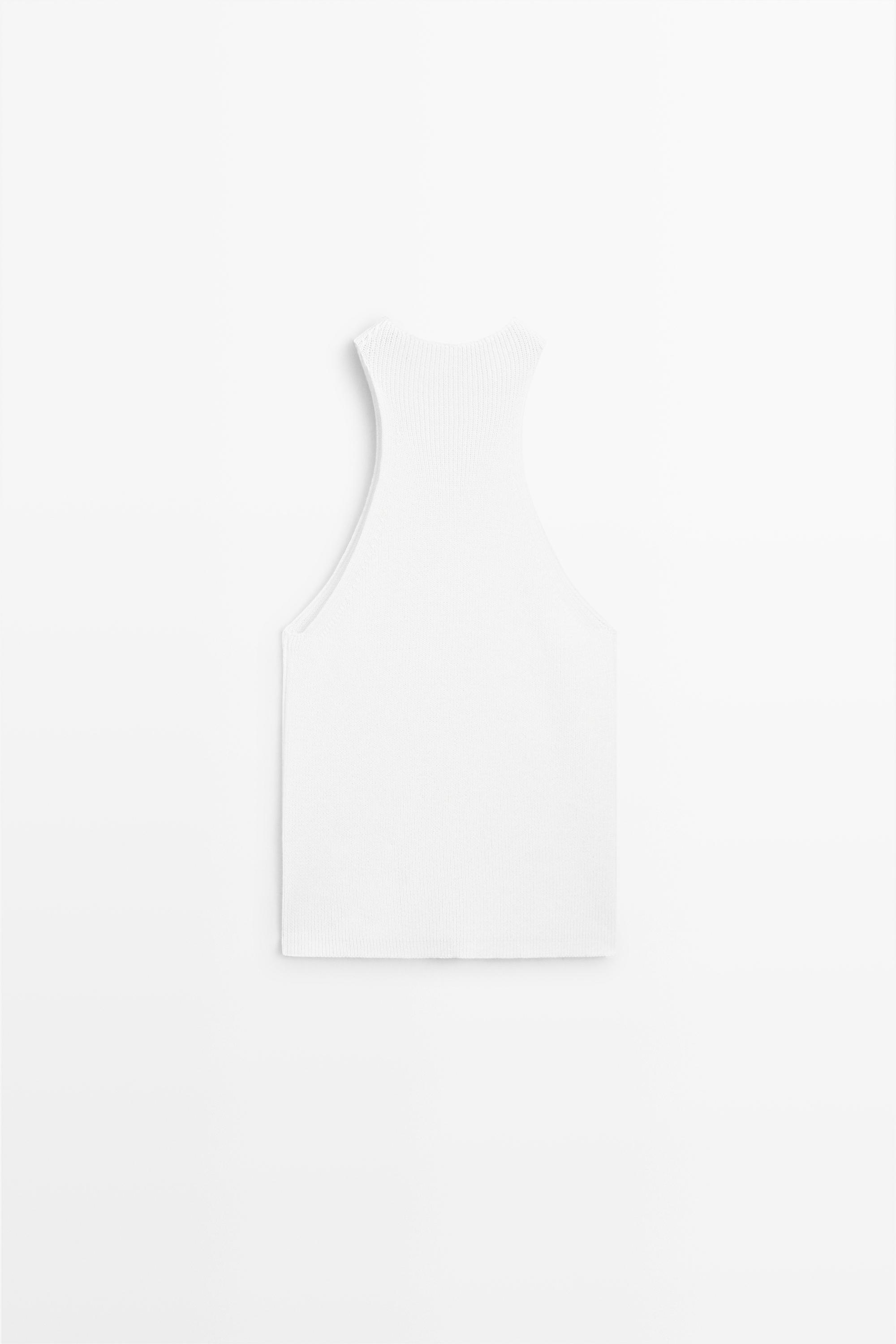 Cotton blend halter top with ribbed detail — WHITE