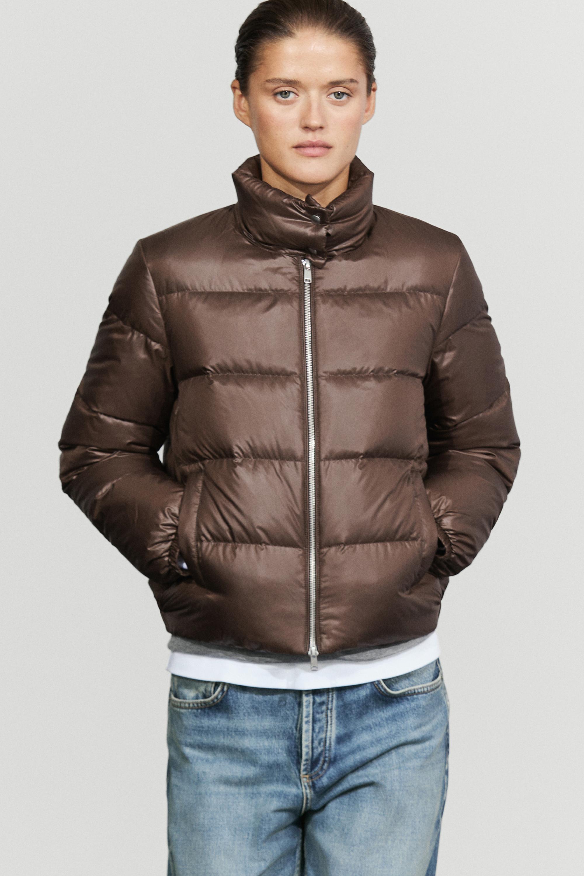 Stand collar down jacket — BROWN MARL
