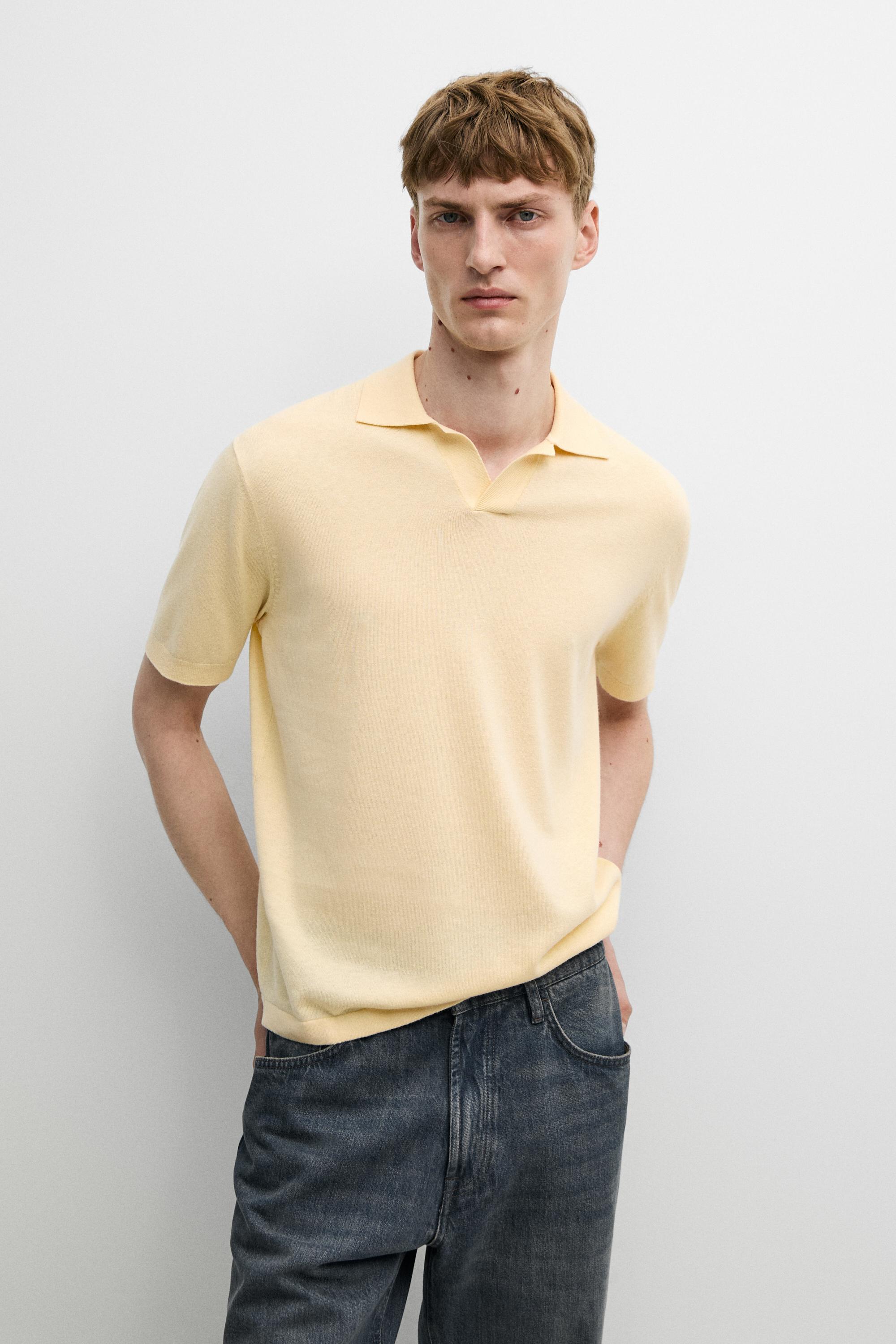 Cotton and linen knit polo sweater — Yellow