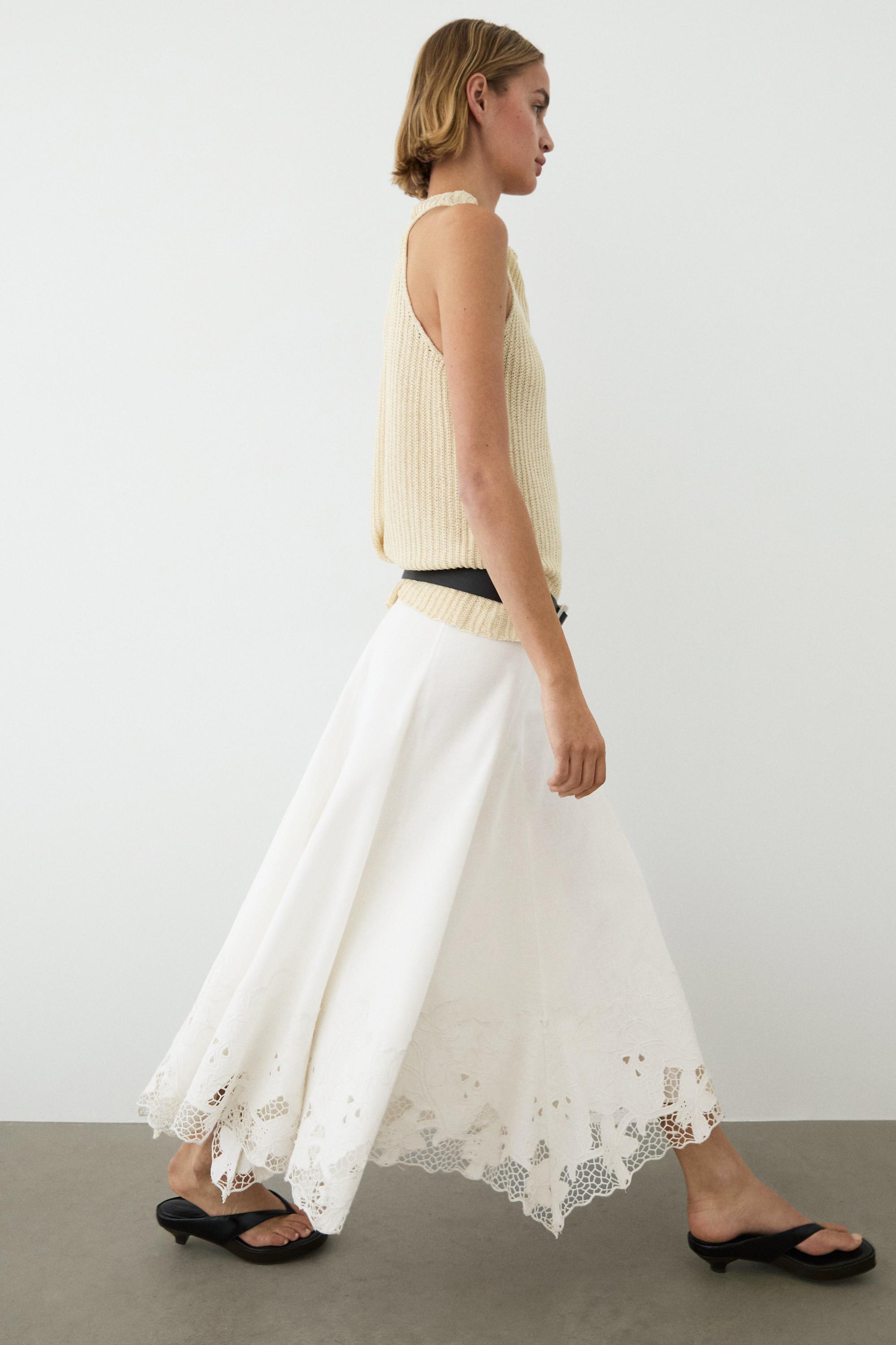Flared midi skirt with embroidery — WHITE
