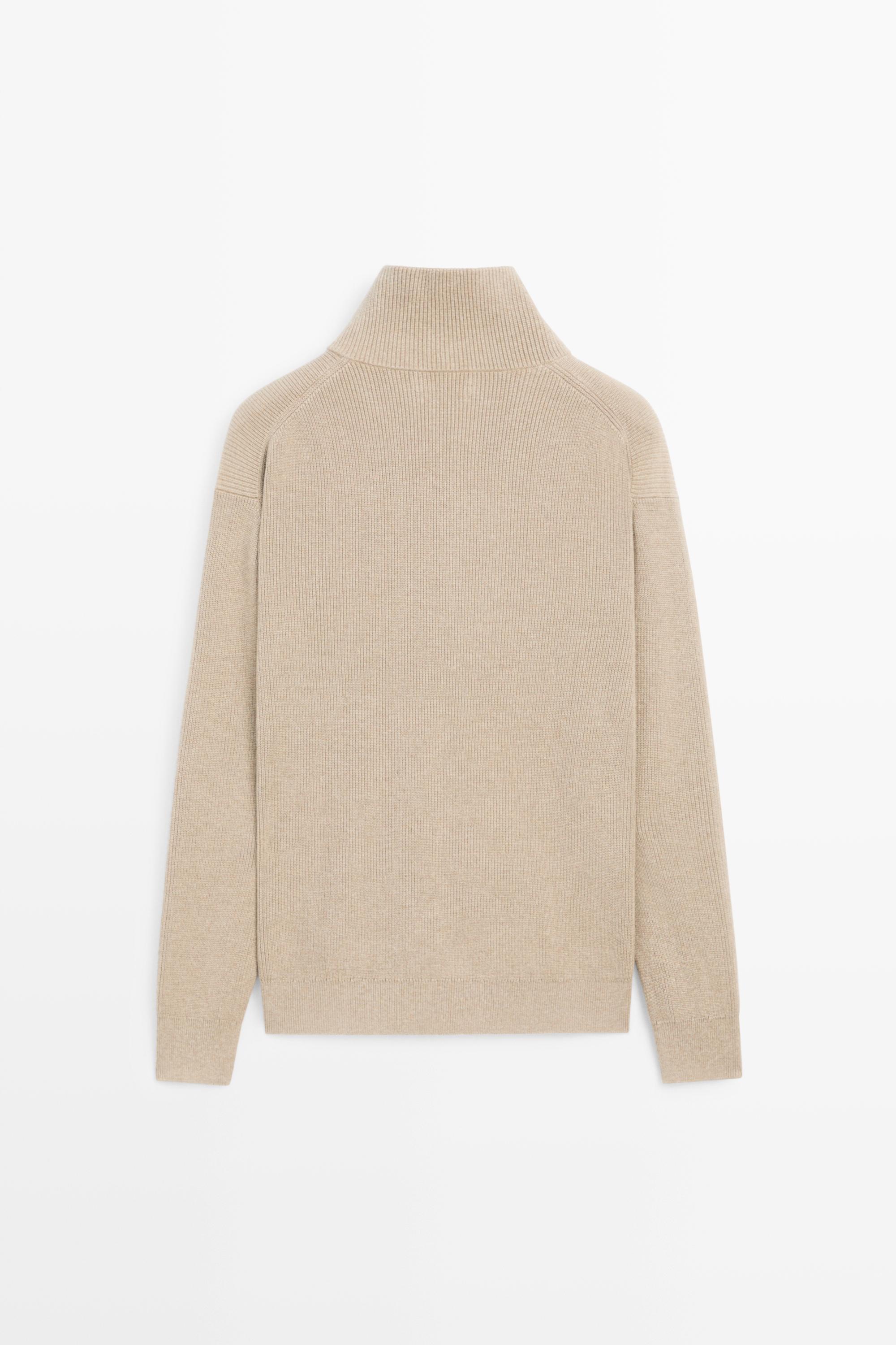 100% cotton mock neck knit sweater — BEIGE