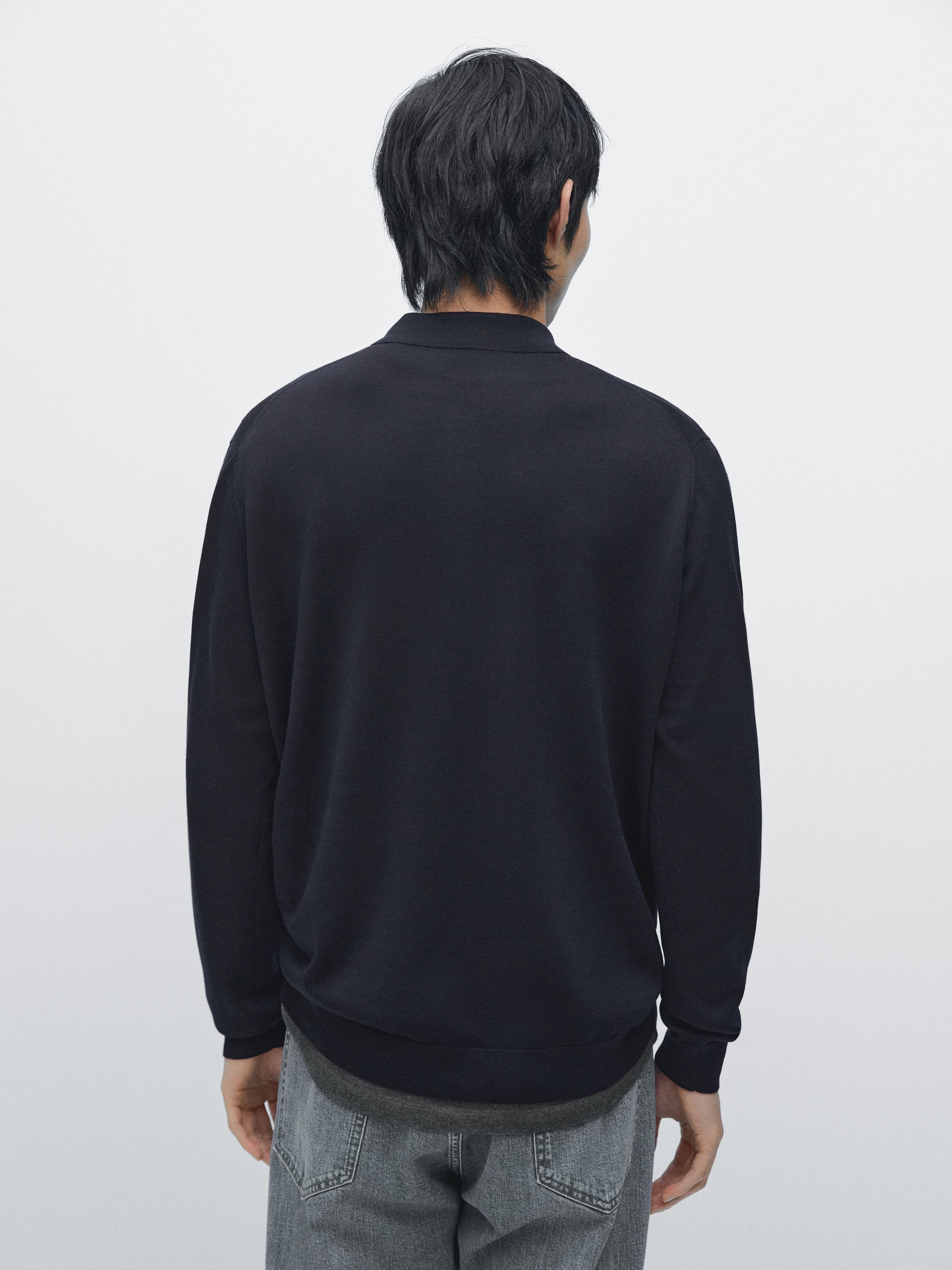 100% wool knit sweater with polo collar — NAVY BLUE