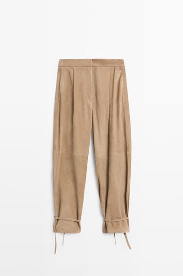 Suede pants with tie-hem detail — Green 2