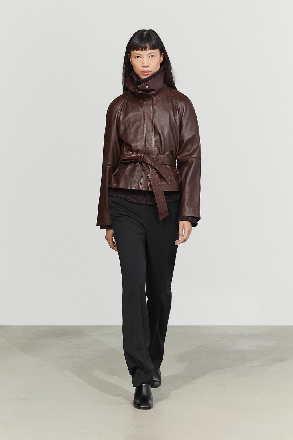 Massimo Dutti Kəmərli kəsilmiş nappa dəri gödəkçə