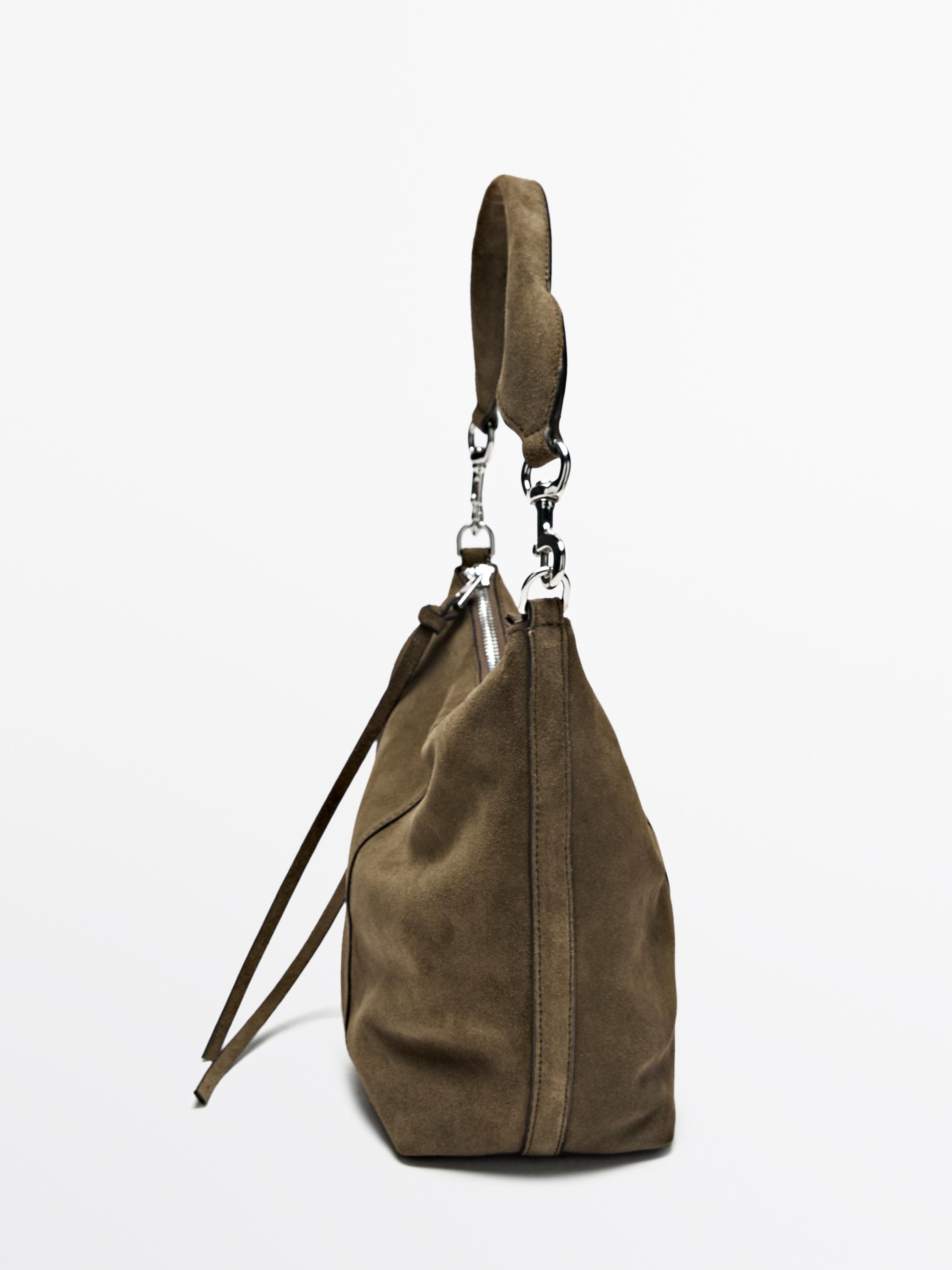 Split suede leather bucket bag — KHAKI