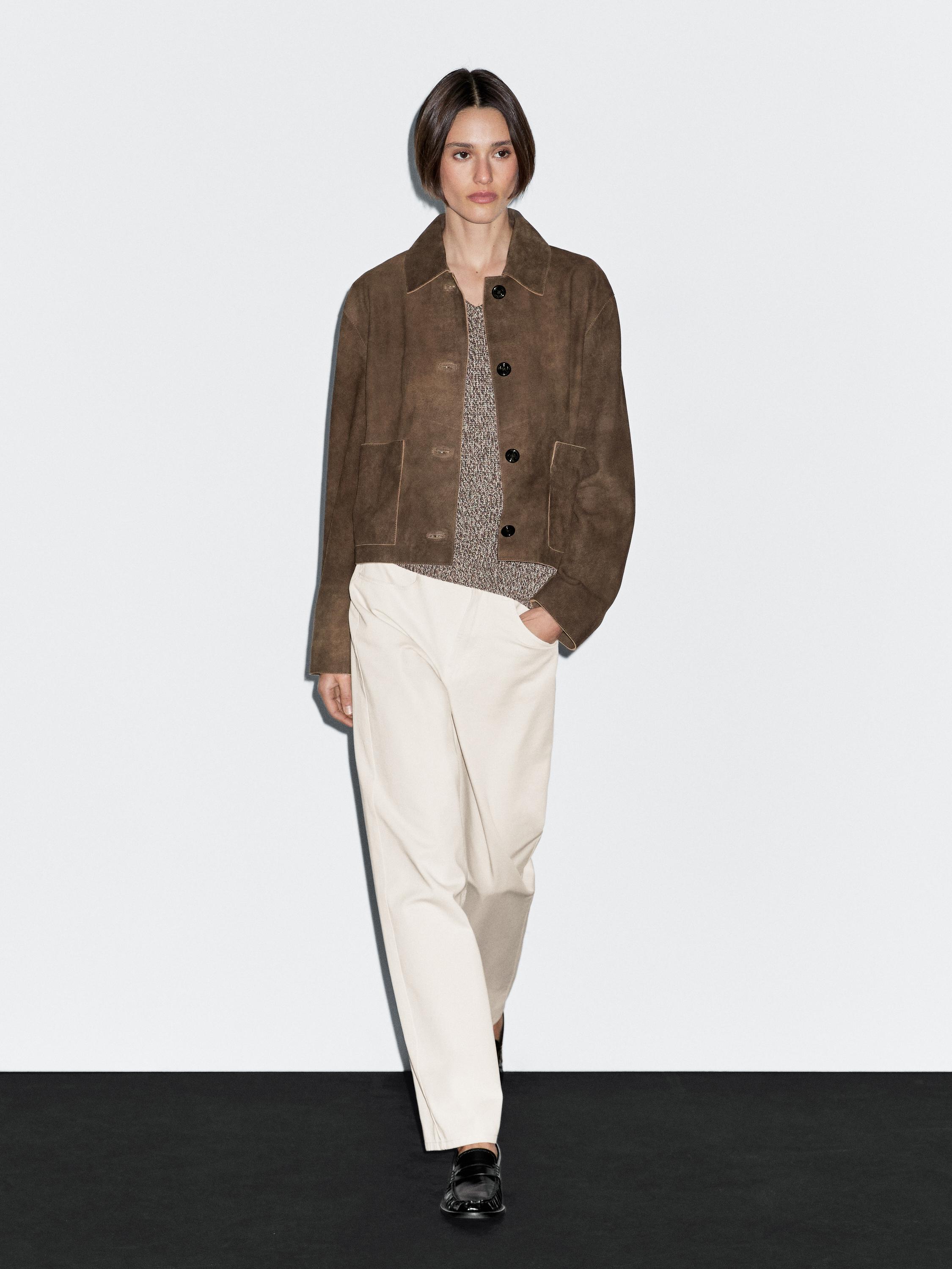 Short suede leather jacket with pocket details