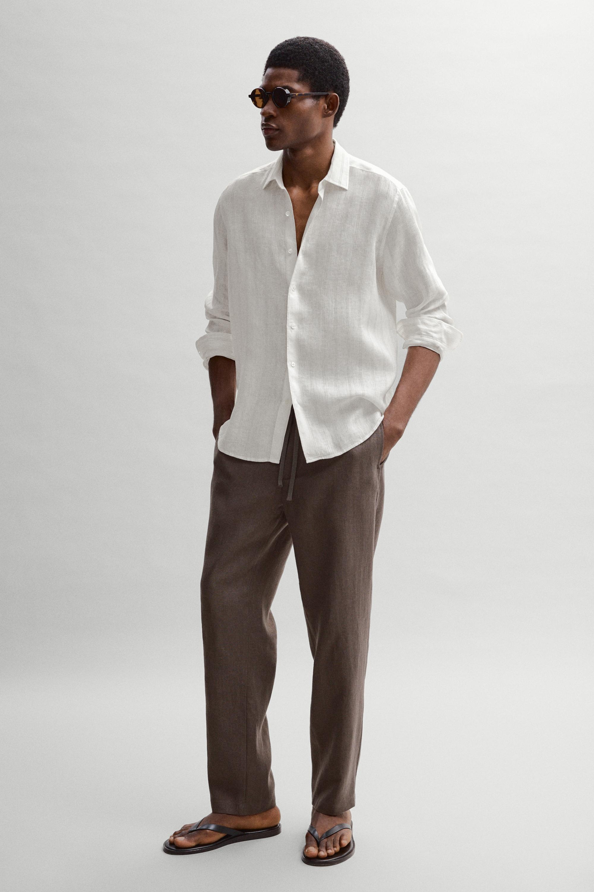 100% linen regular fit striped shirt — BEIGE