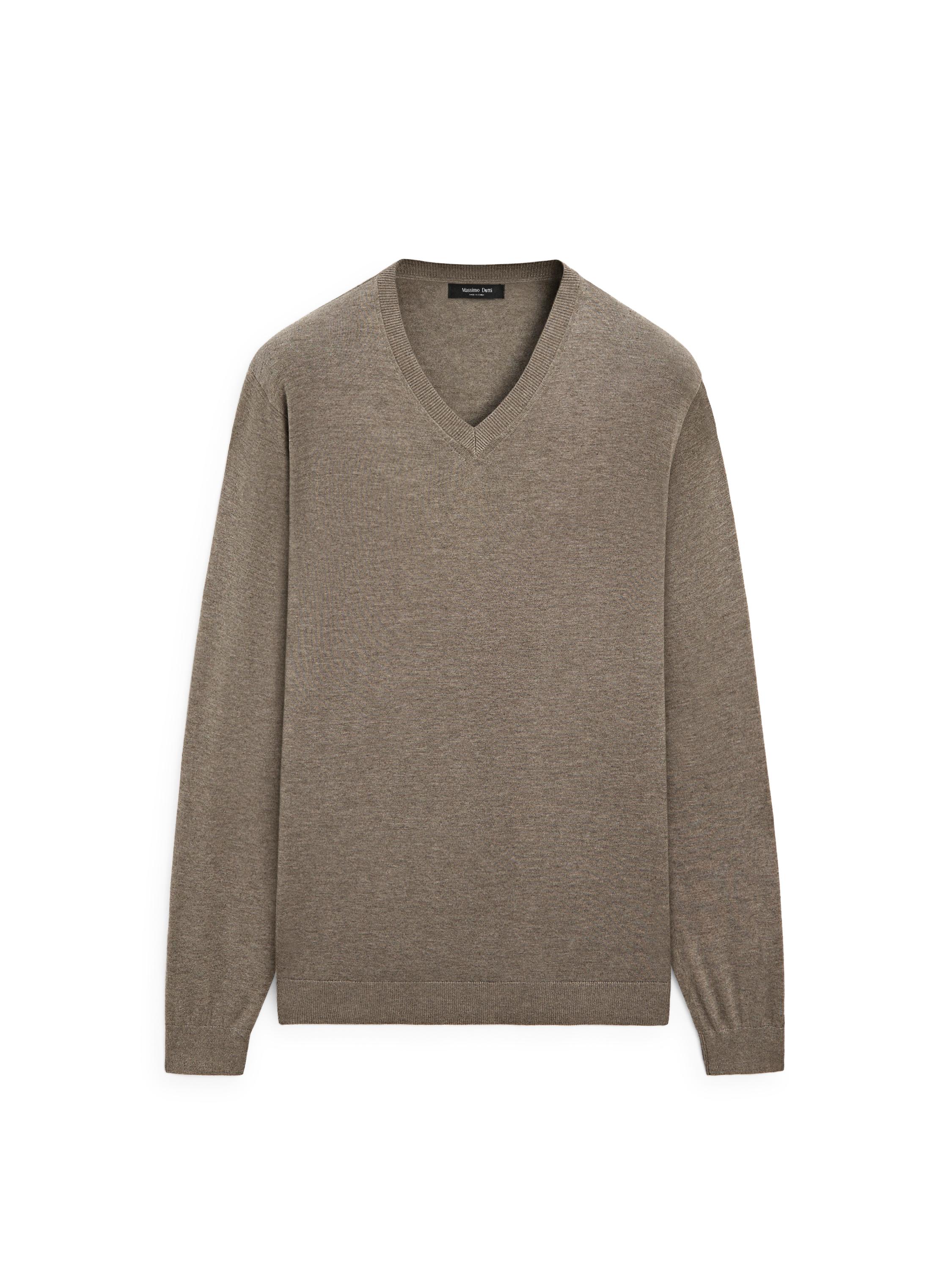 Cotton blend V-neck knit sweater — KHAKI