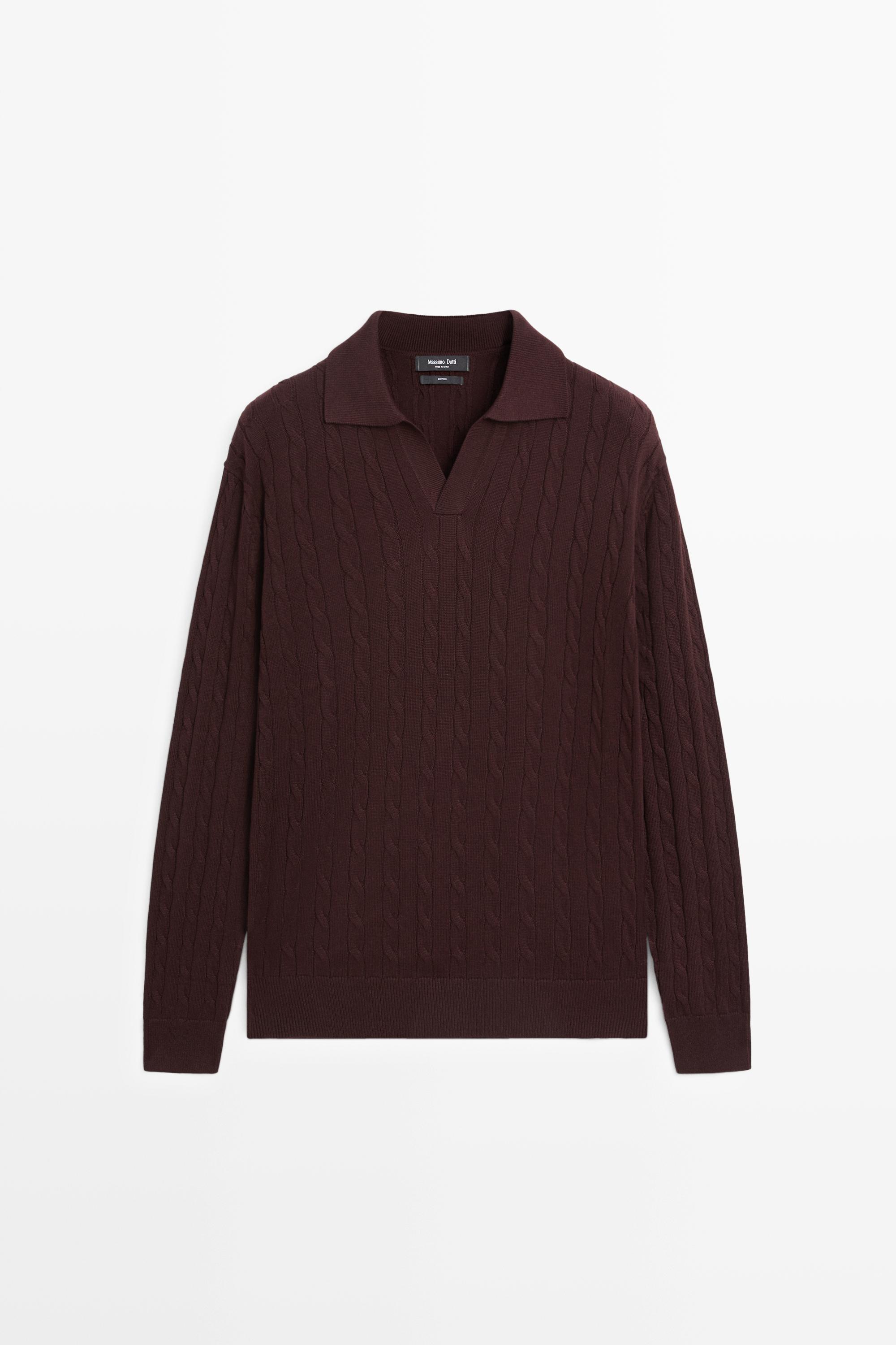 100% Cotton Cable-Knit Polo Sweater — BURGUNDY