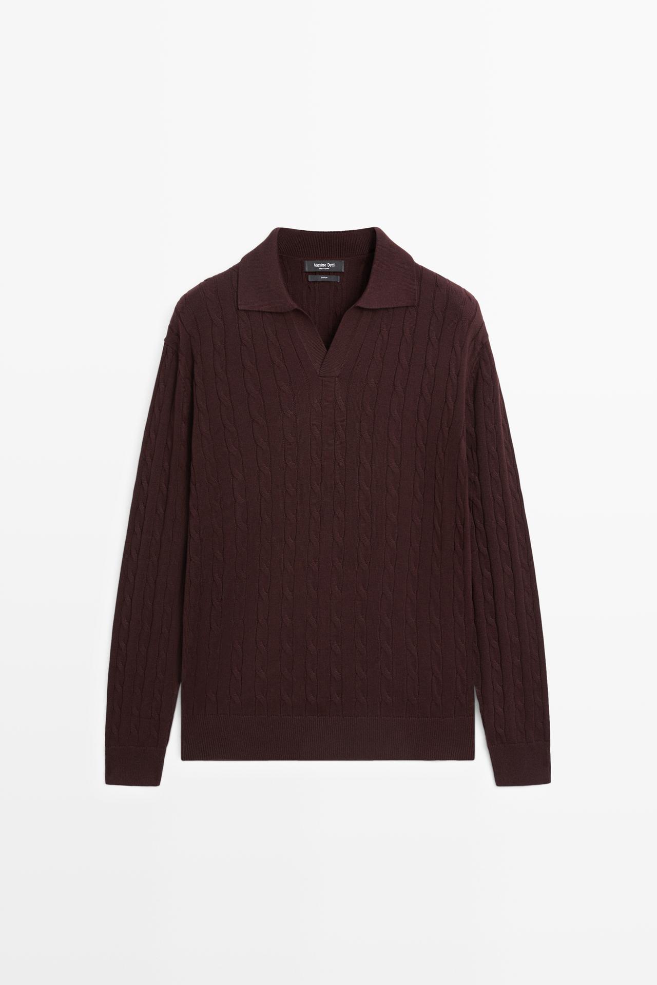 100% Cotton Cable-Knit Polo Sweater — BURGUNDY