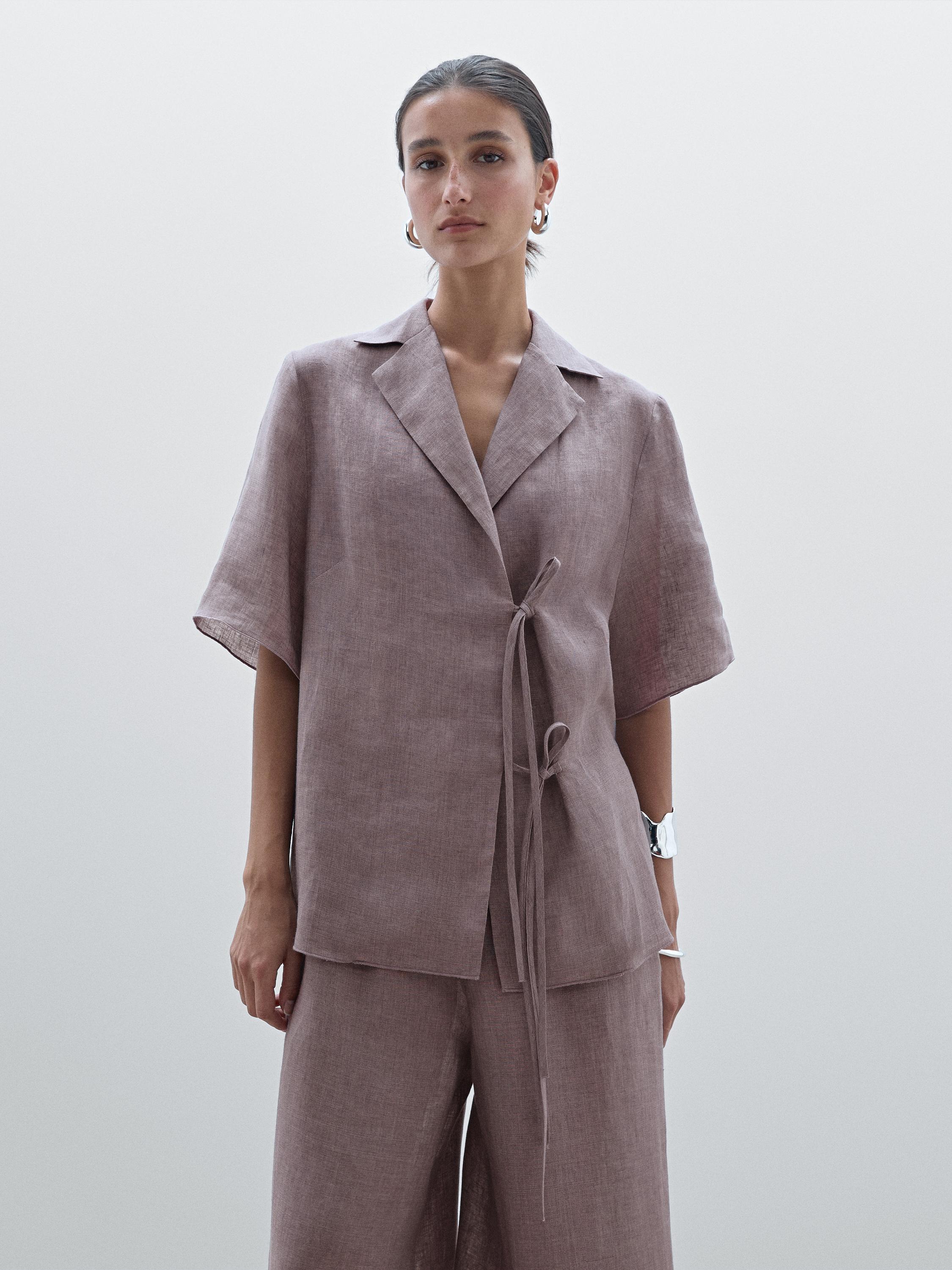 Short sleeve linen shirt with tie detail