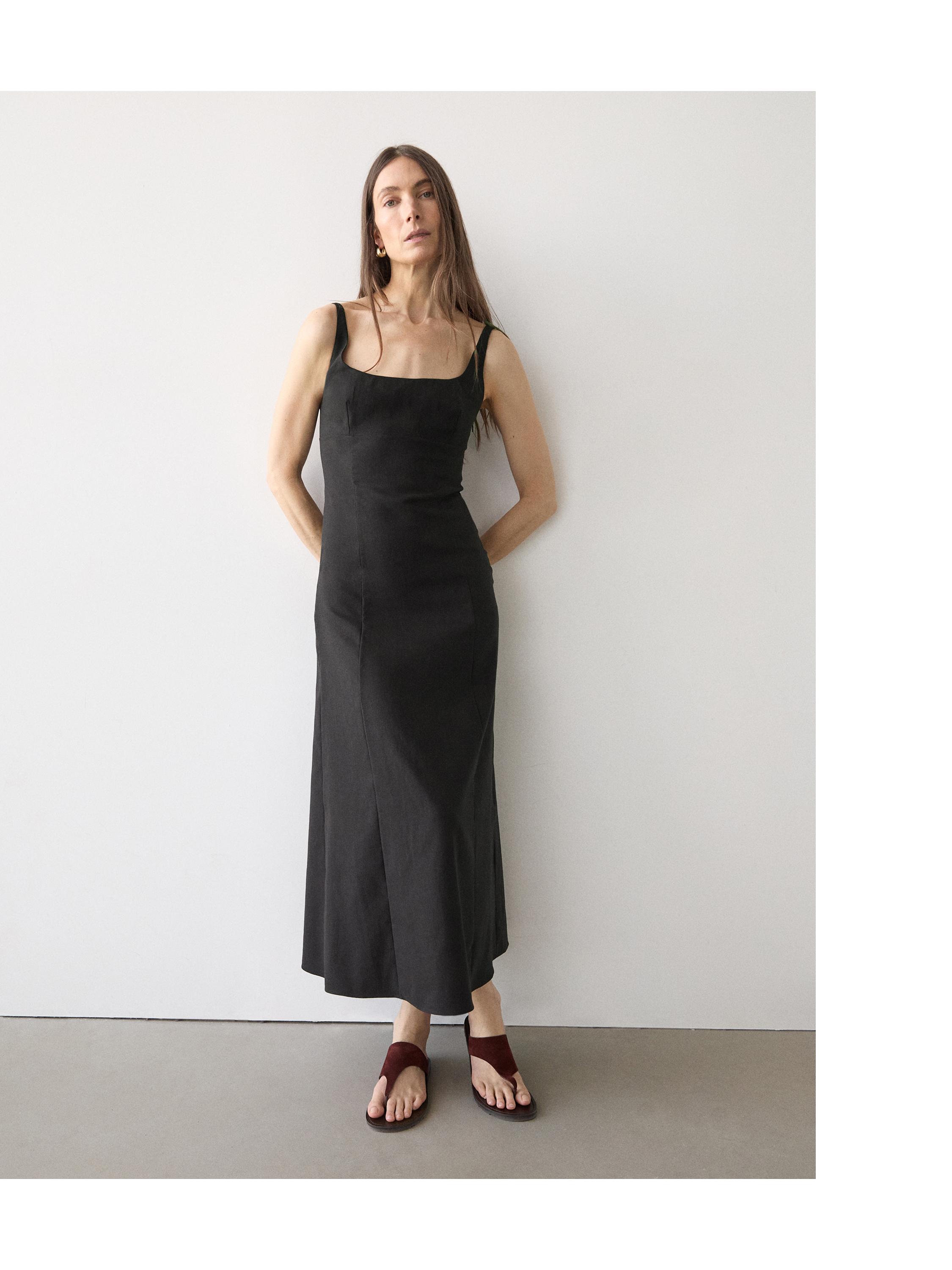 Strappy linen midi dress — BLACK