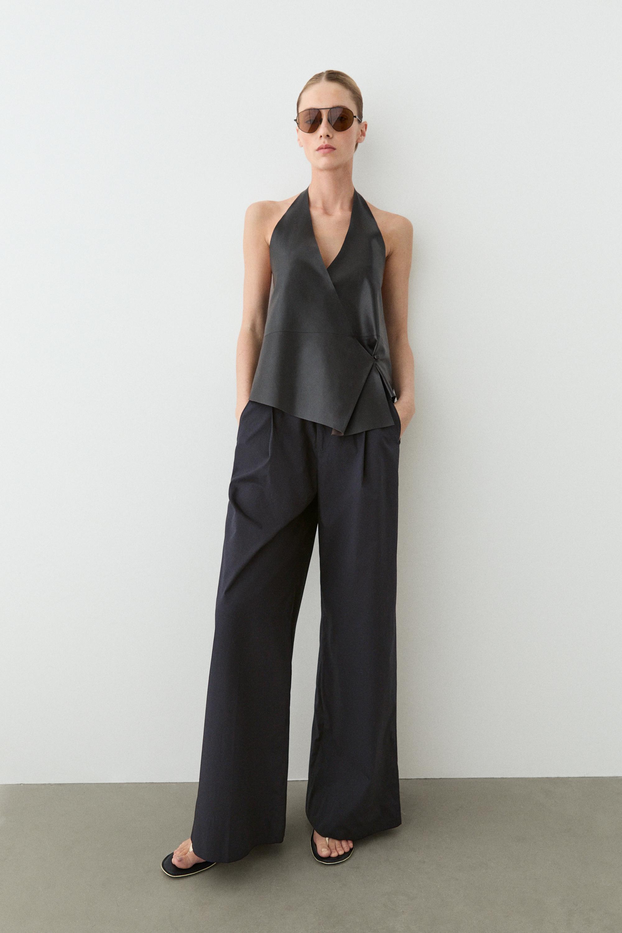 Cotton blend wide-leg pleated trousers — DEEP BLUE