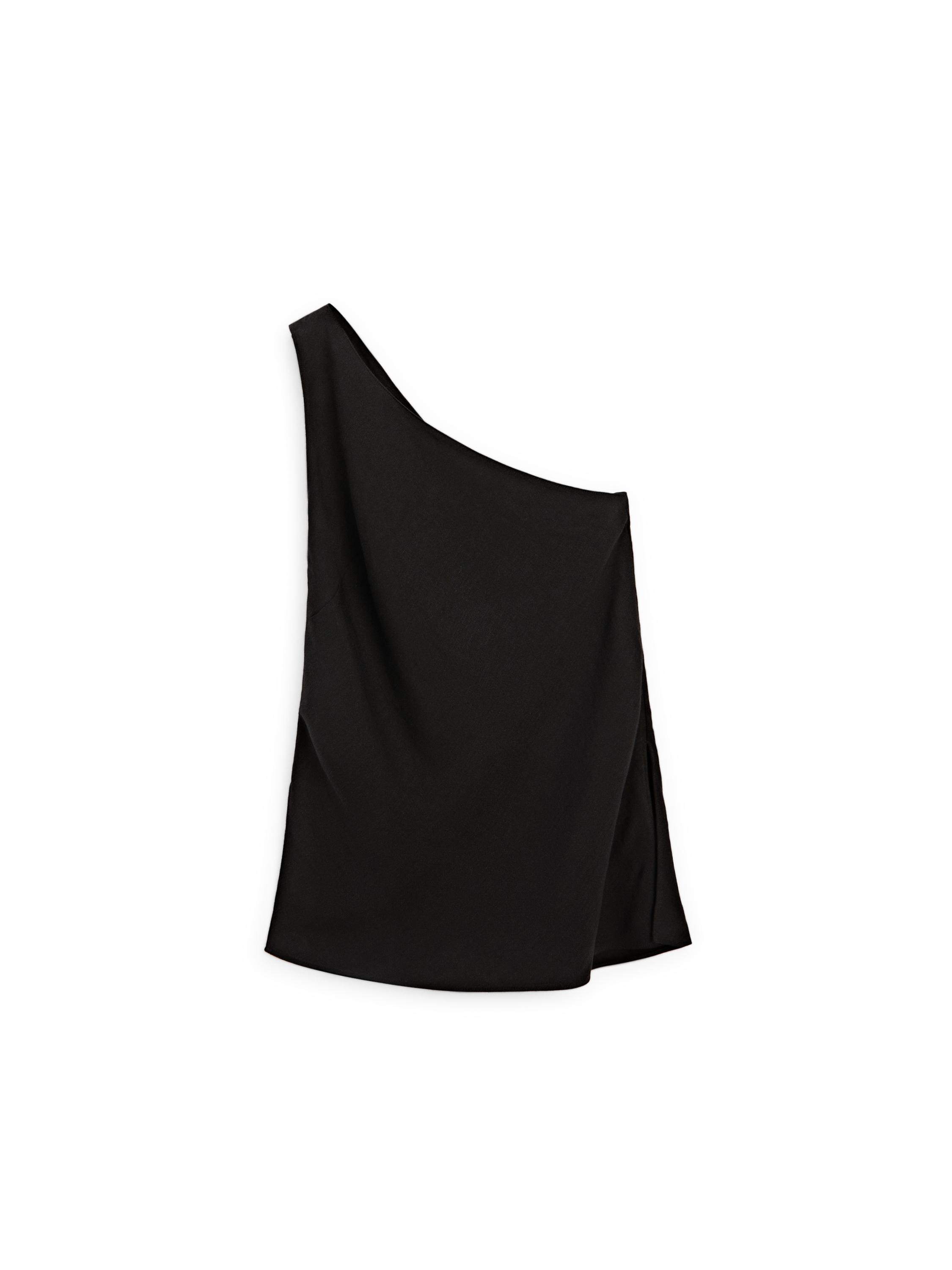 Asymmetric linen blend top with back detail — BLACK
