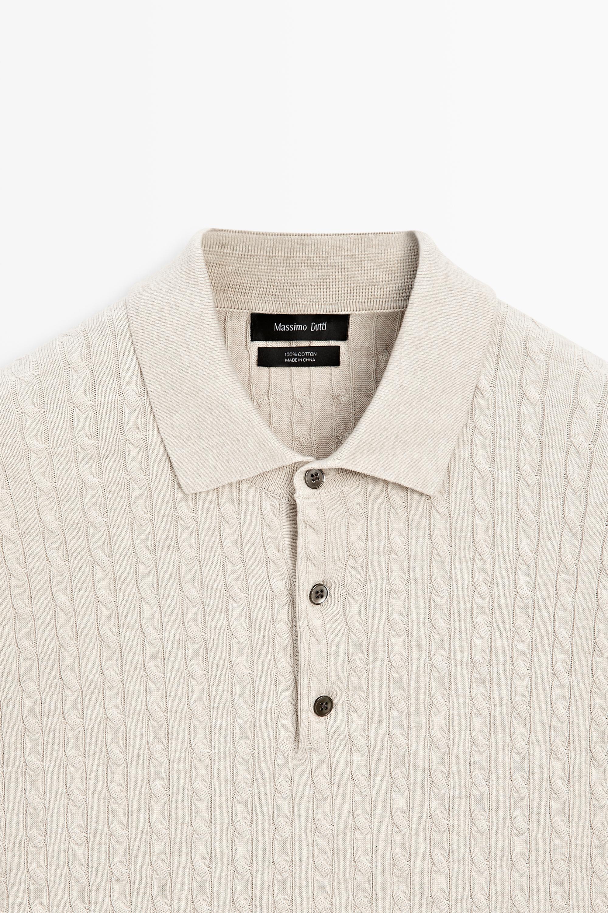 100% cotton cable-knit polo shirt — BEIGE