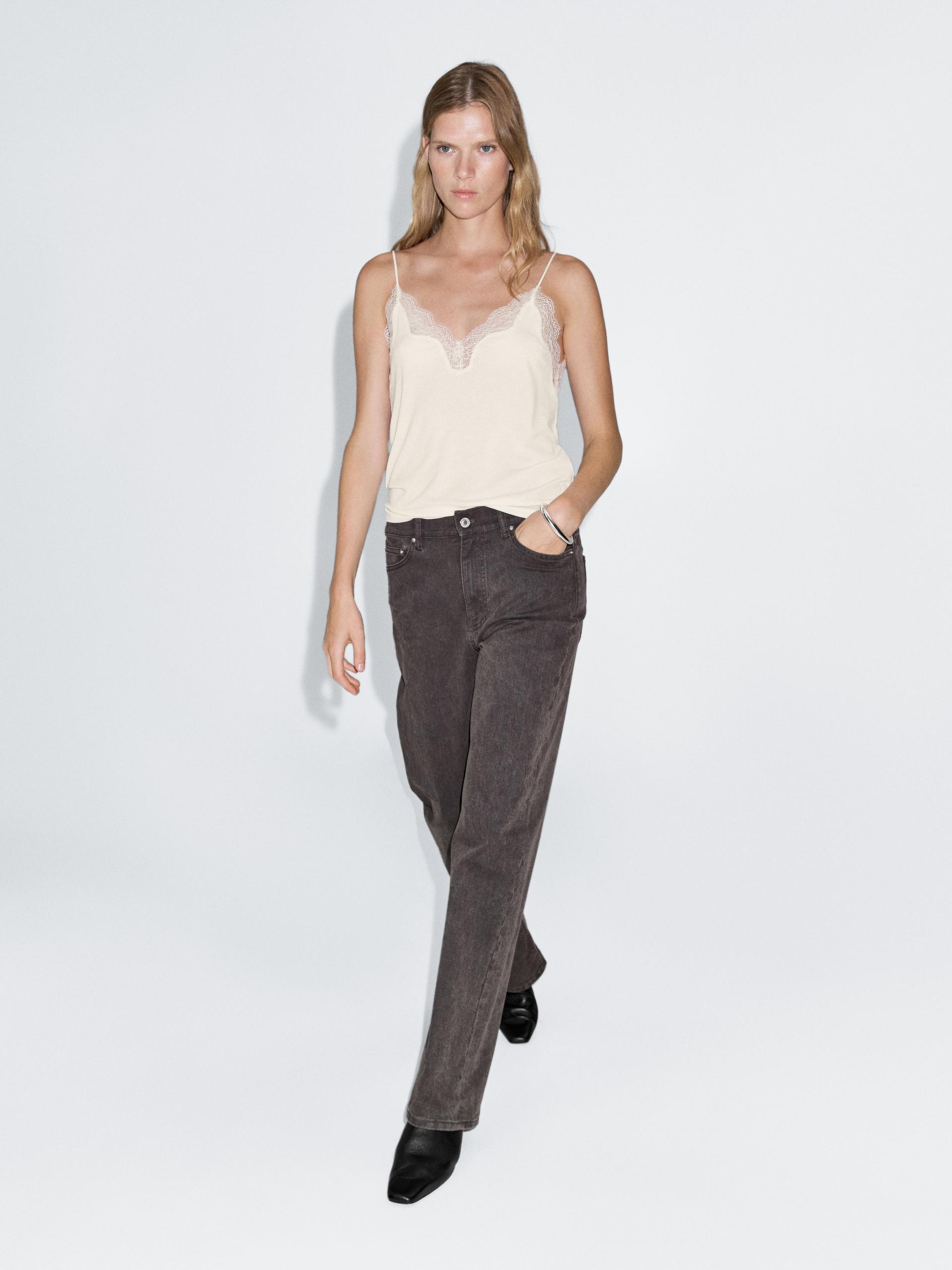 Top Nuisette Avec Dentelle - Jaune - Xl - Massimo Dutti - Femme