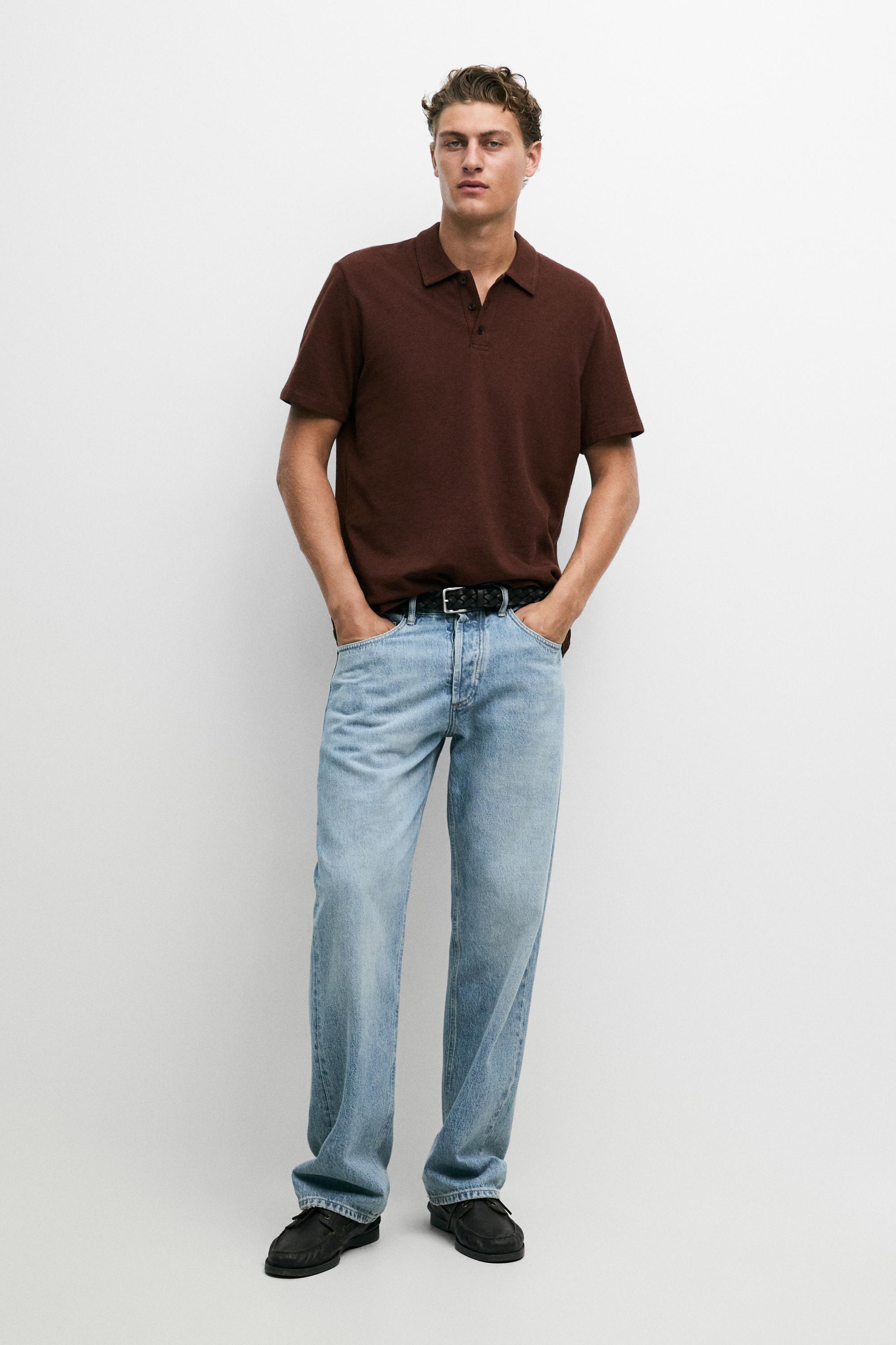Micro-textured cotton blend polo shirt — Russet Brown