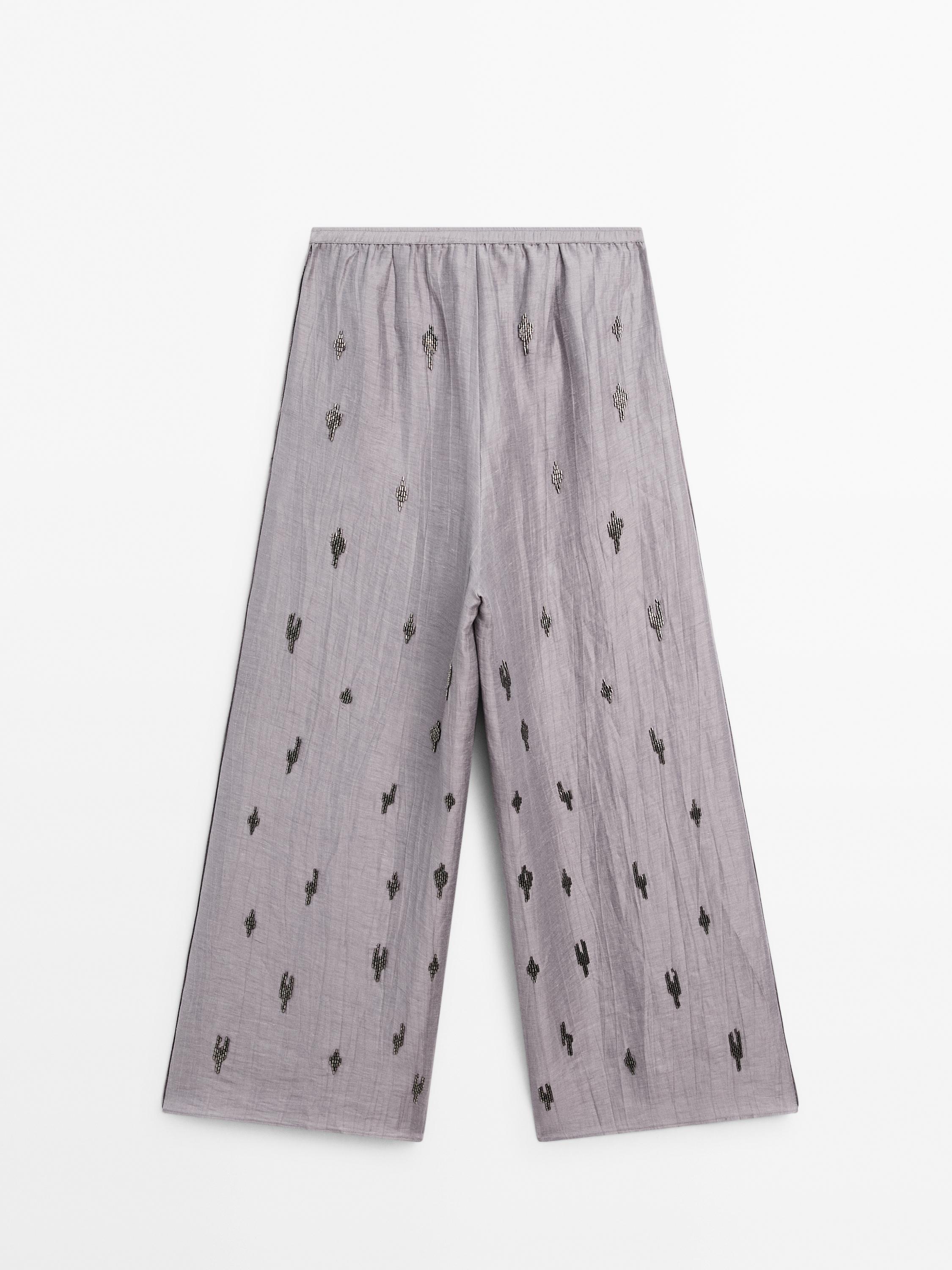 Linen blend trousers with rhinestone detail