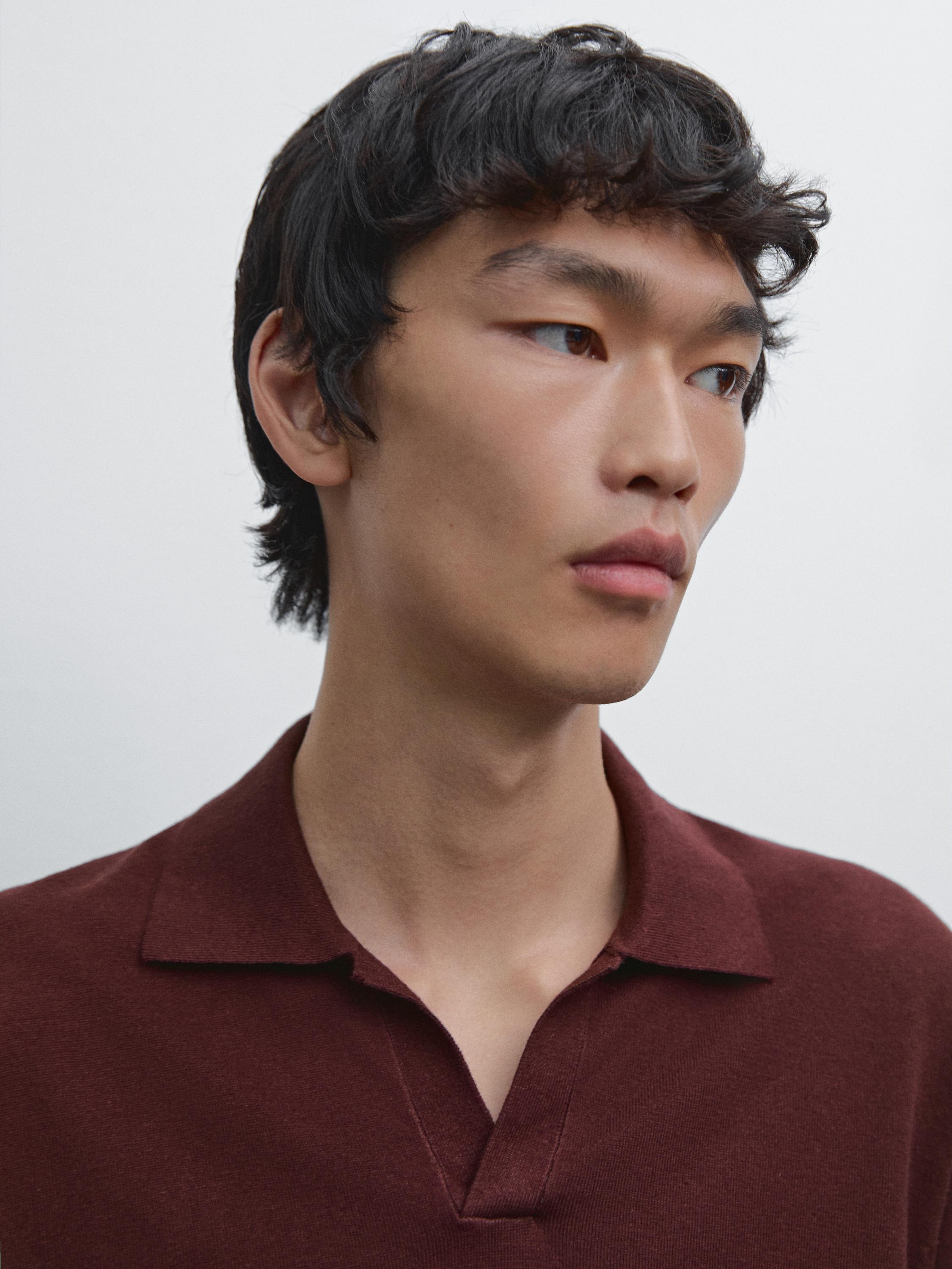Linen blend knit V-neck polo shirt
