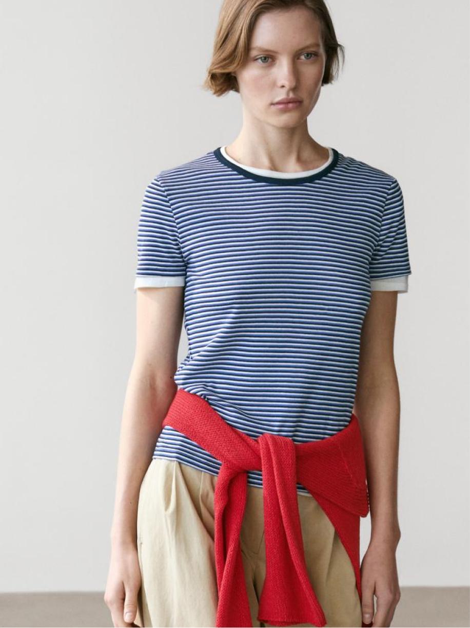 Striped double-layer T-shirt with short sleeves — BLUE