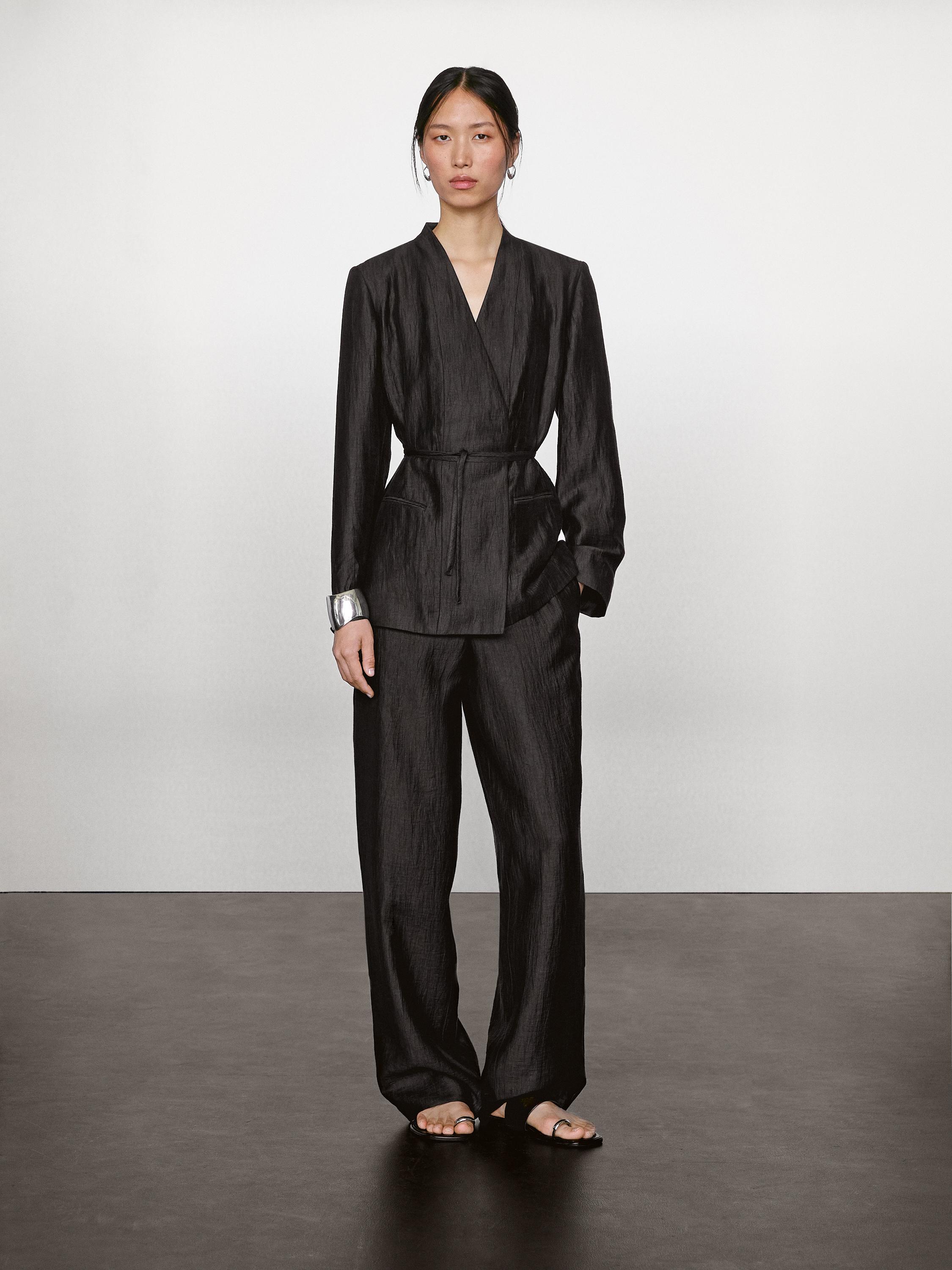 Linen blend palazzo trousers with darts