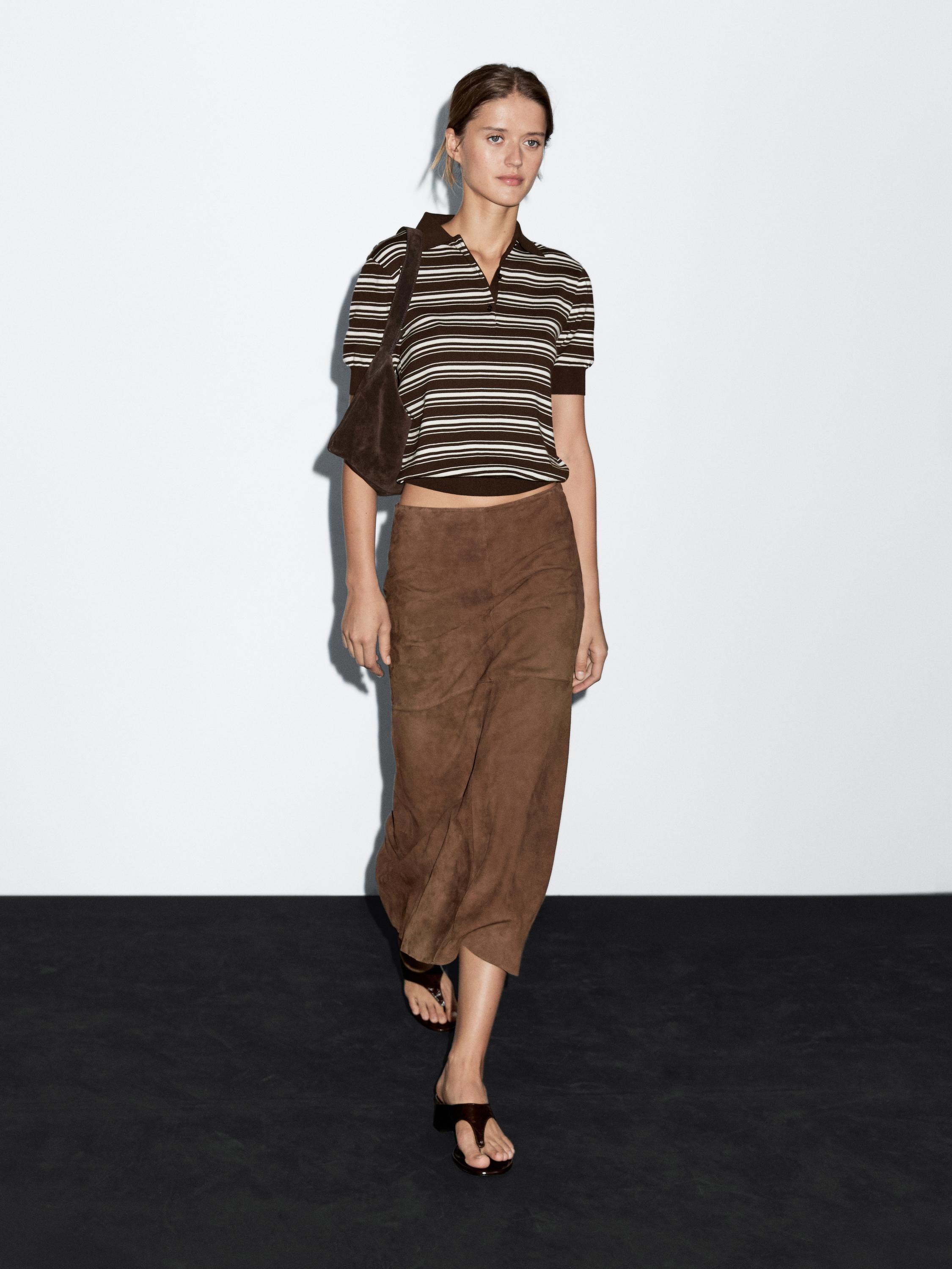 Suede leather midi skirt