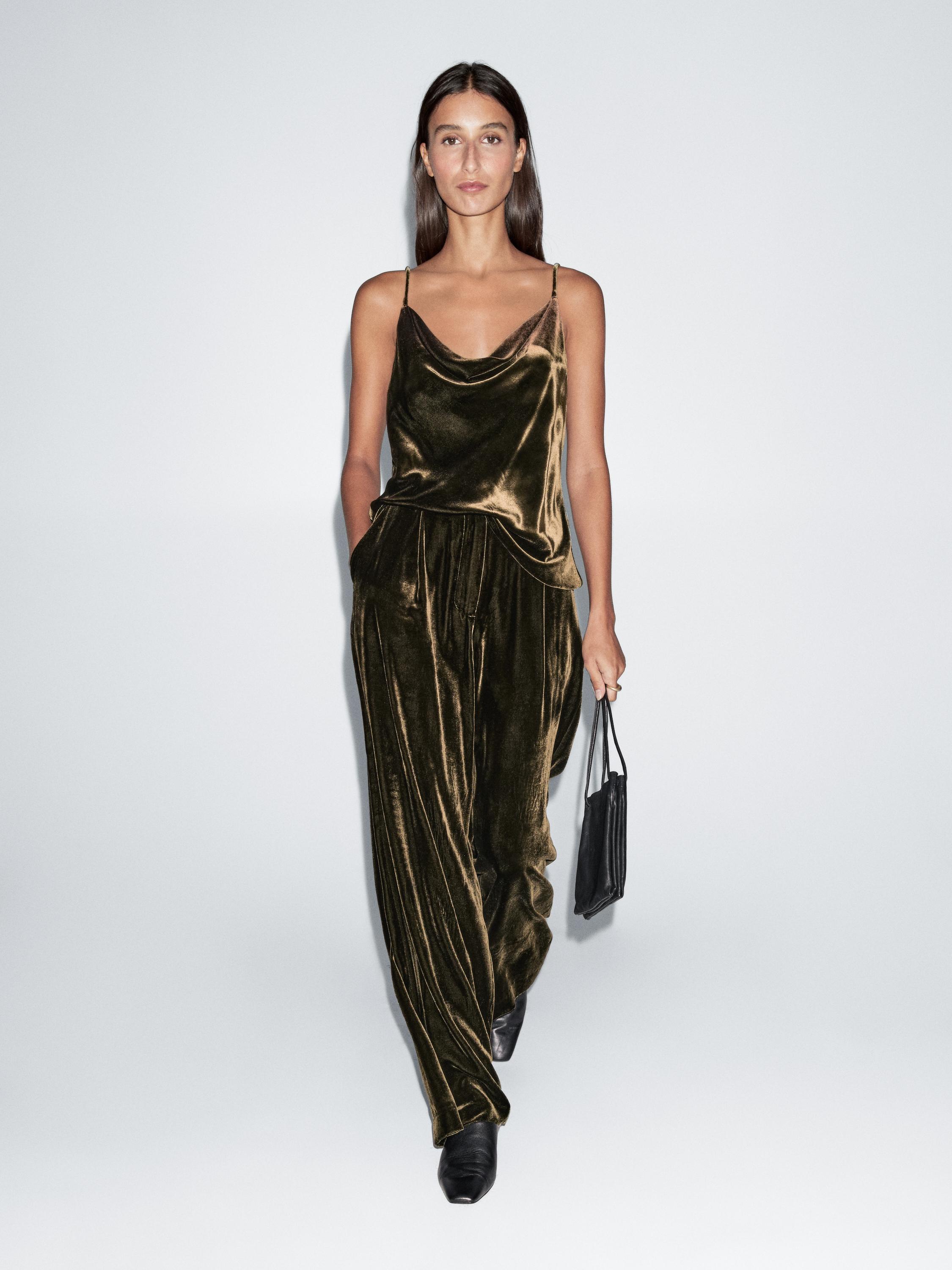Wide-leg pleated velvet trousers with elasticated detail