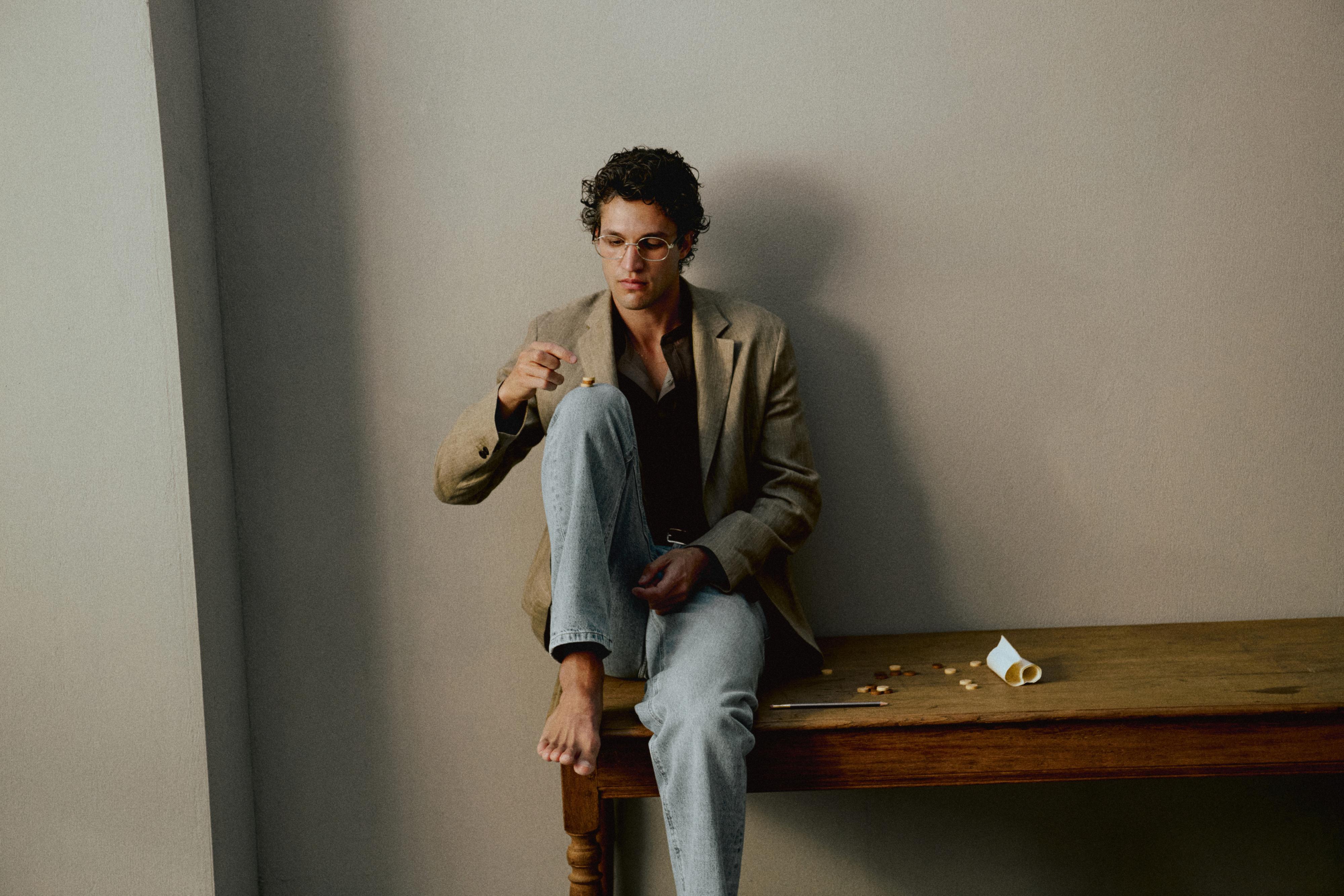 Linen herringbone stripe blazer — BEIGE