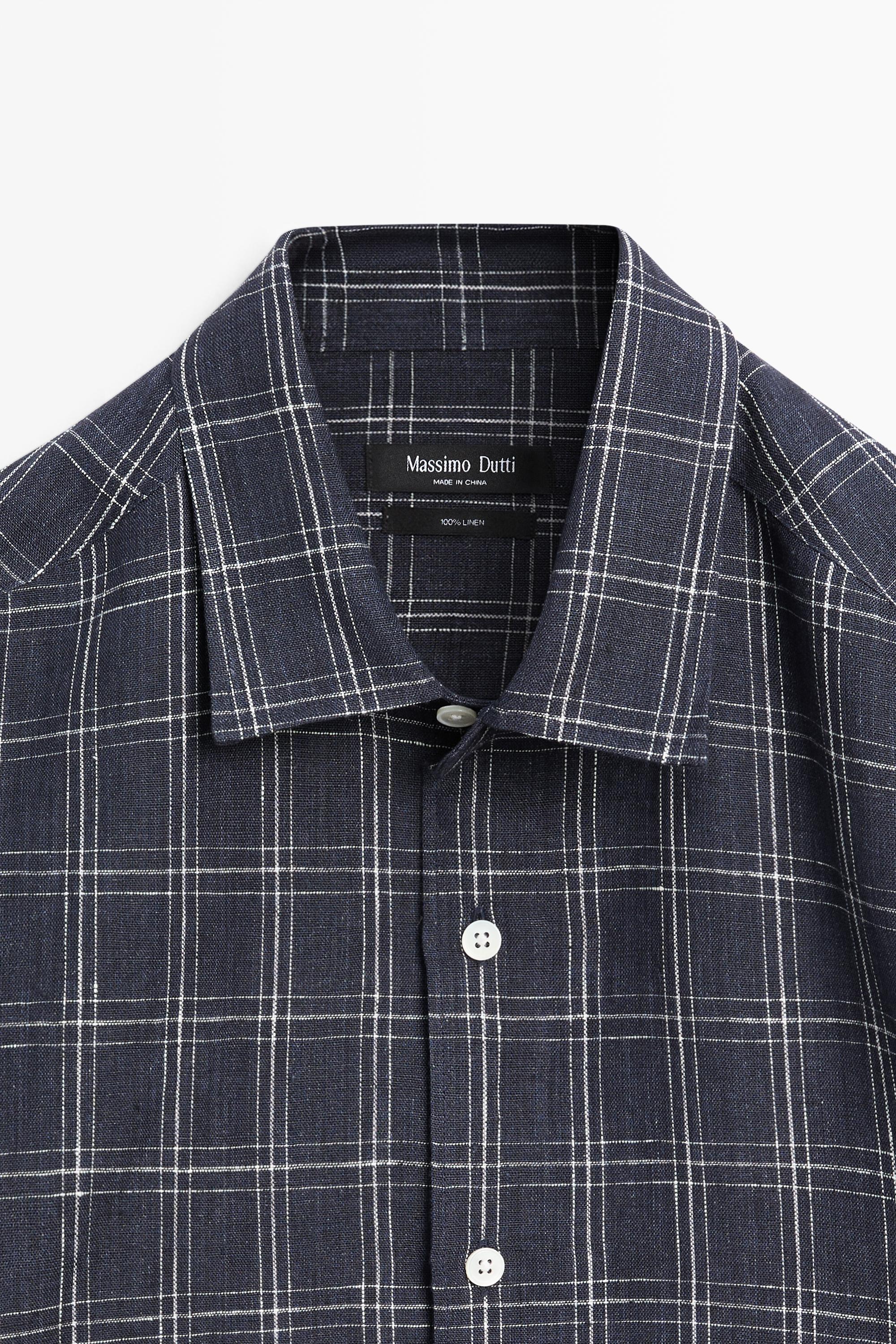 100% linen regular fit check shirt — DARK BLUE
