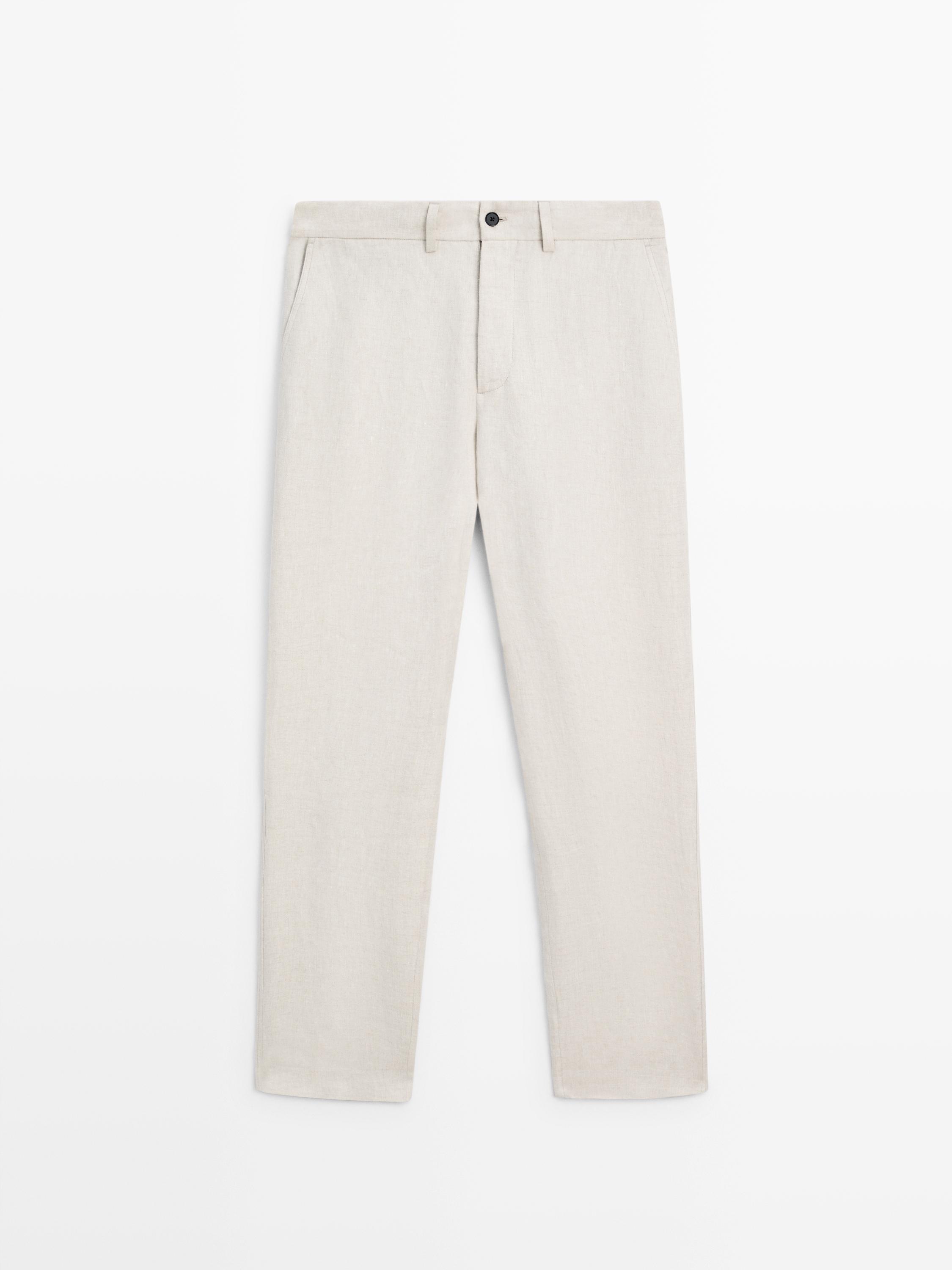 Lightweight linen trousers with herringbone detail — BEIGE
