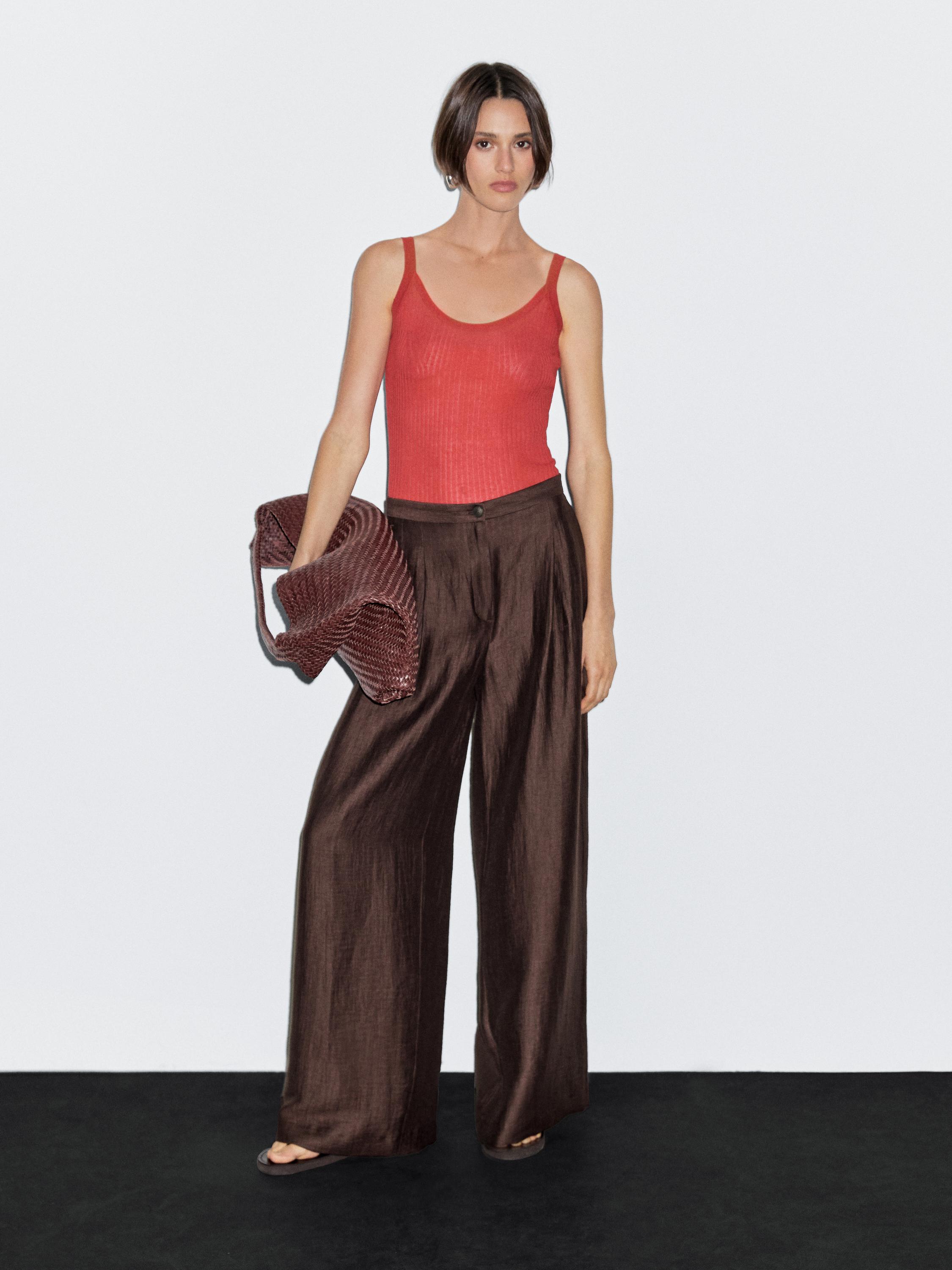 Wide-leg mid-rise crinkle trousers
