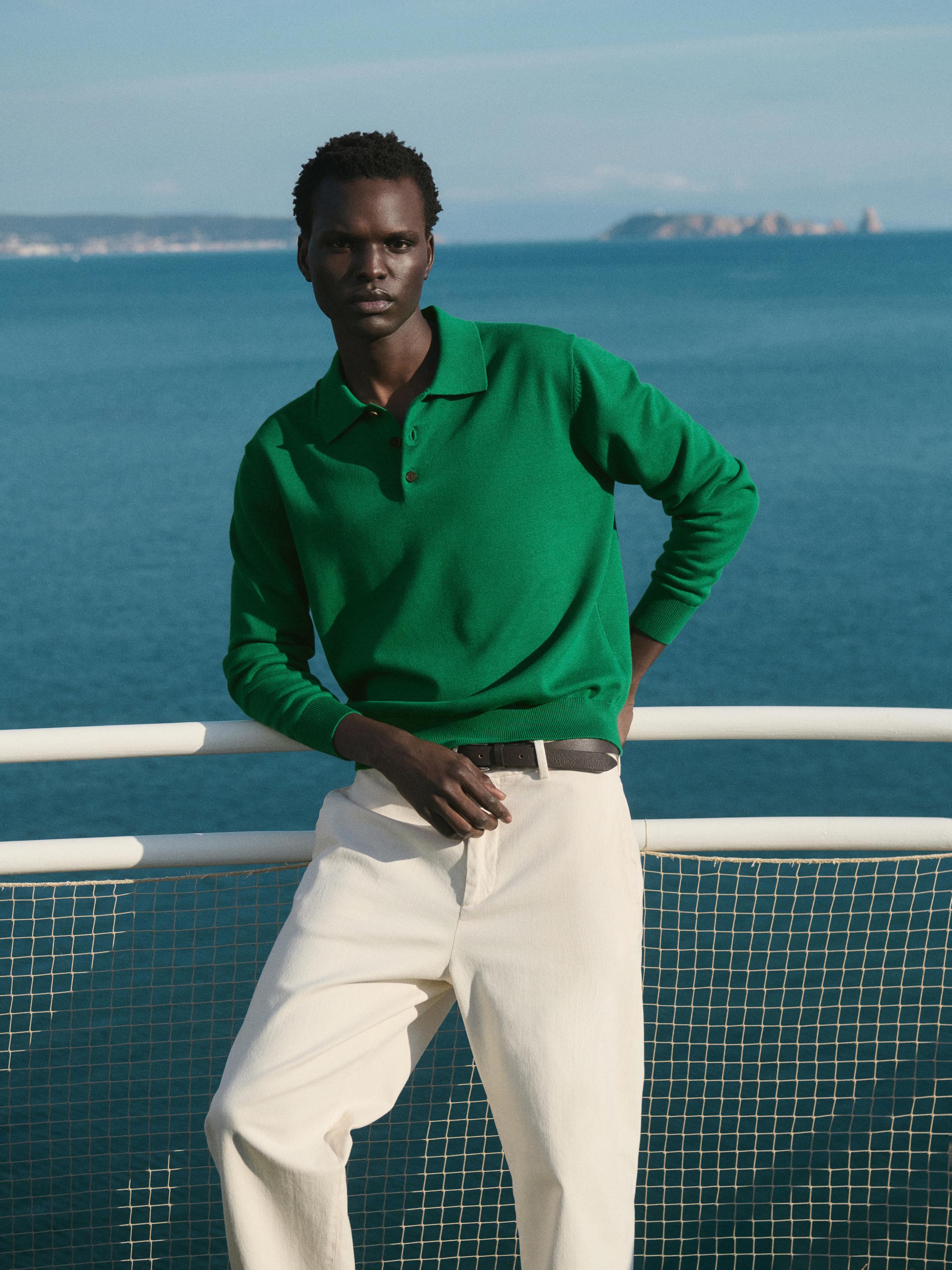Cotton knit polo collar sweater — Green billiard