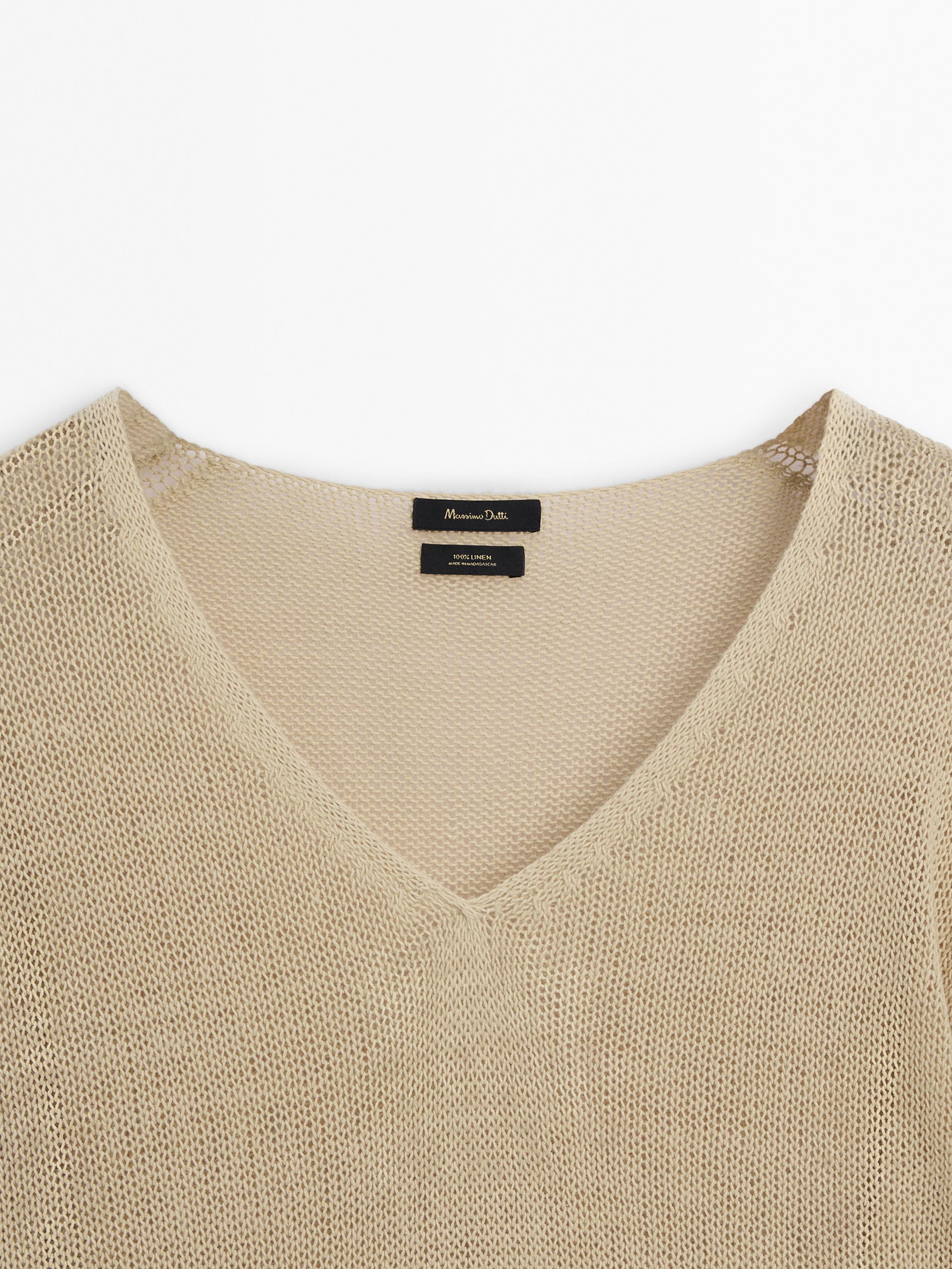 100% linen knit V-neck sweater