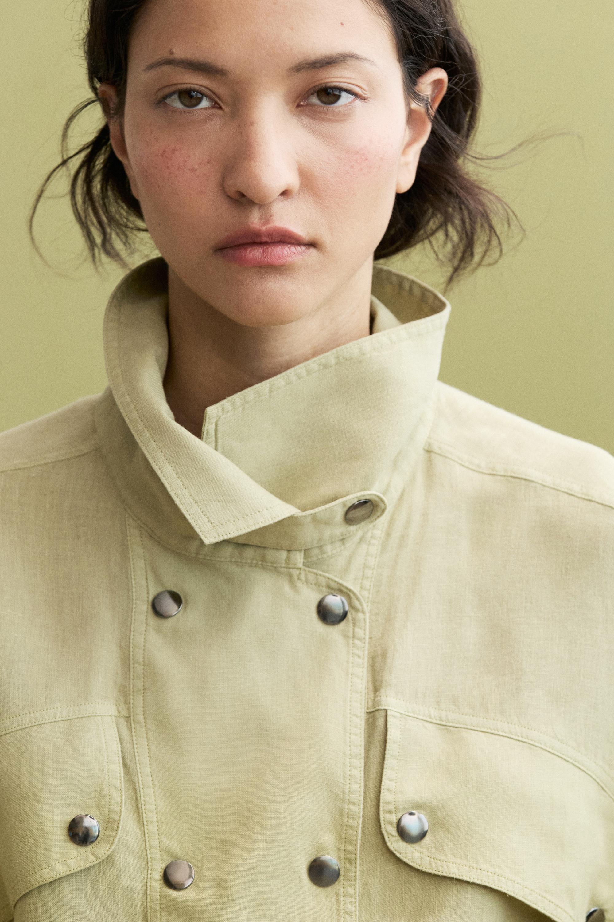 Short sleeve linen snap button shirt — LIME