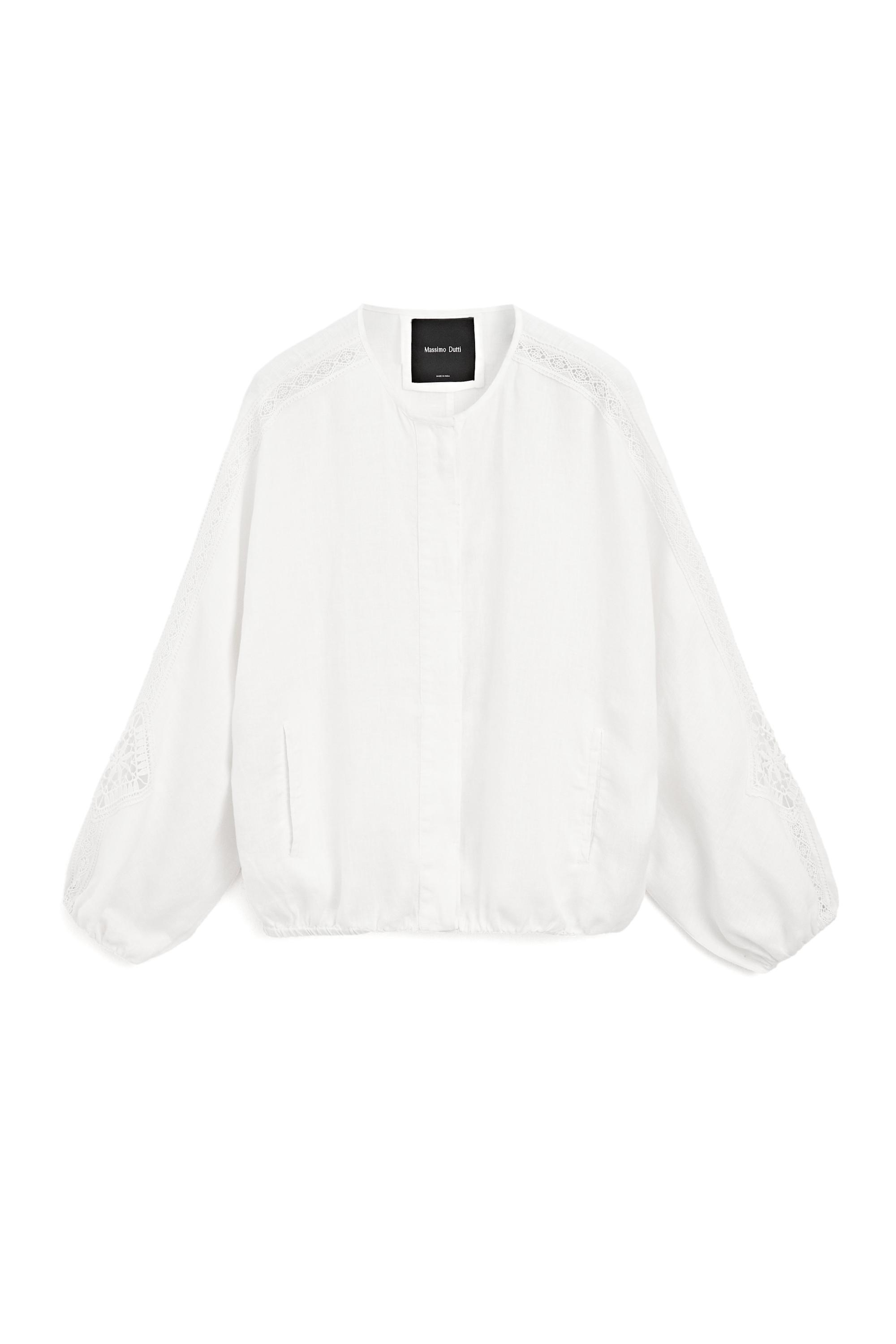 100% linen bomber jacket with embroidered detail — WHITE