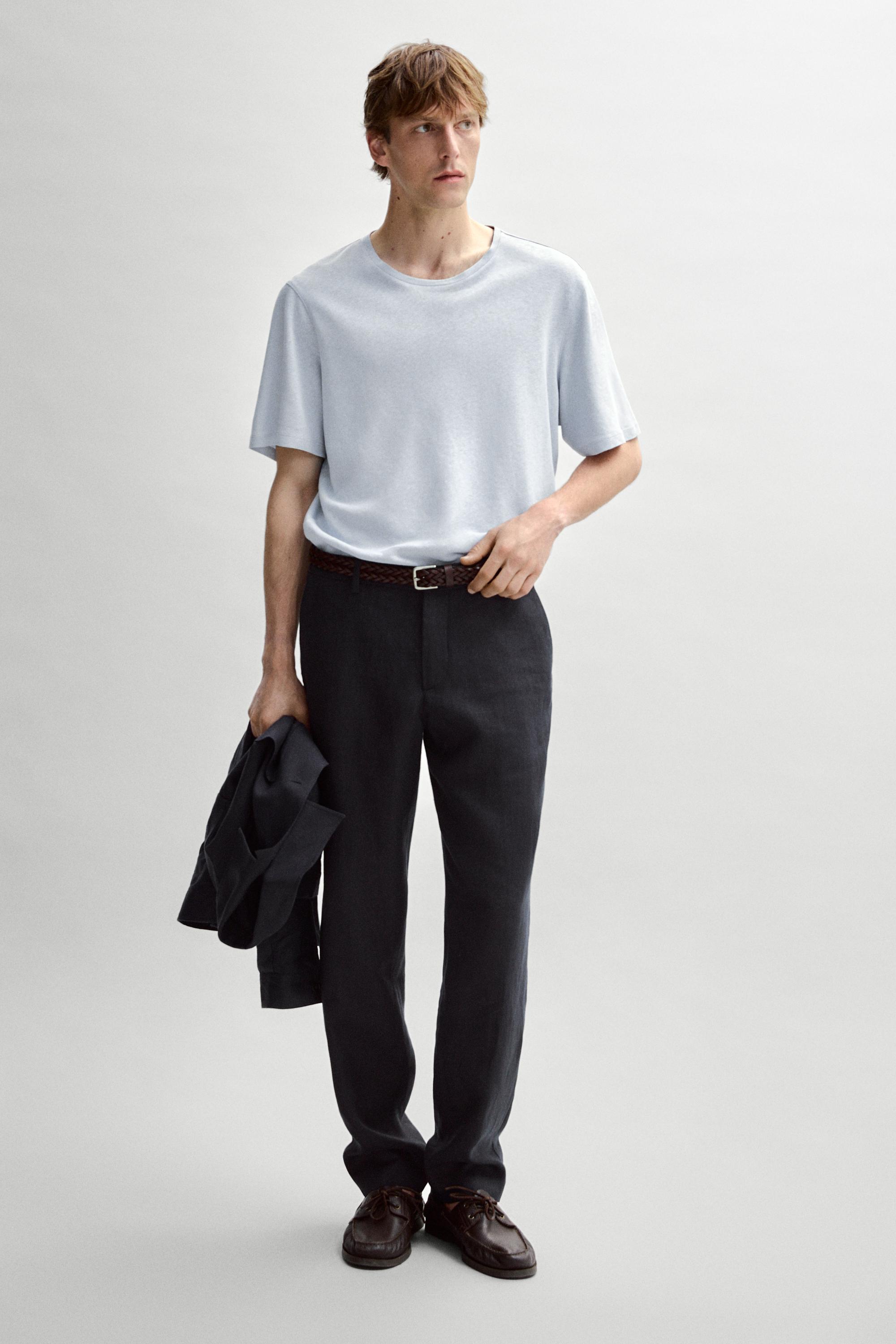 Short sleeve linen and cotton T-shirt — Light Blue