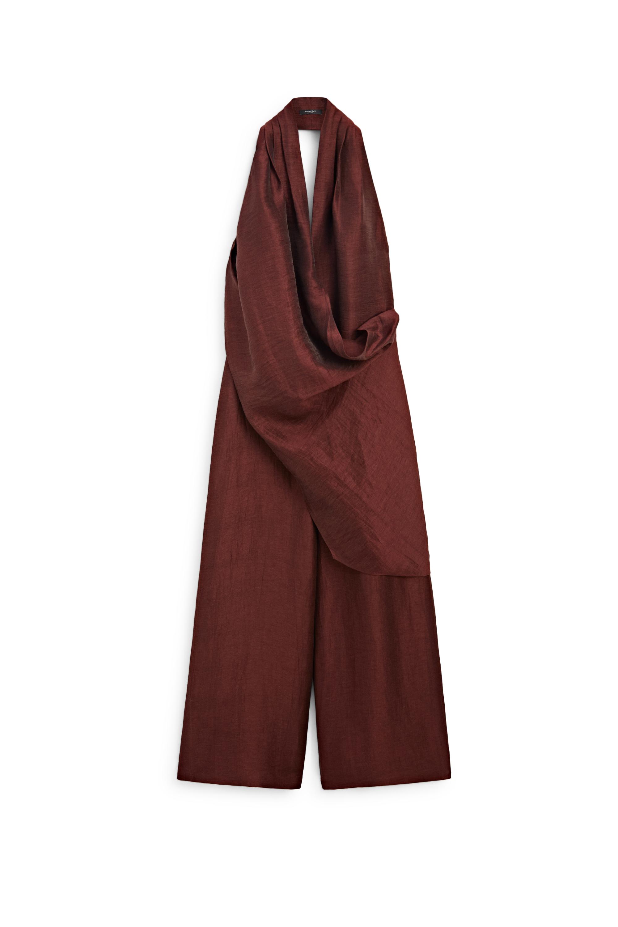 Flowing draped halter neck jumpsuit — BURGUNDY