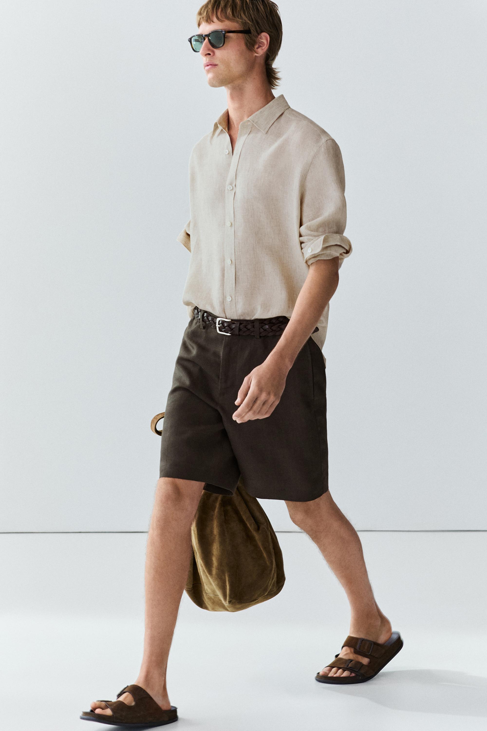 100% linen short Bermuda shorts — DARK GREEN